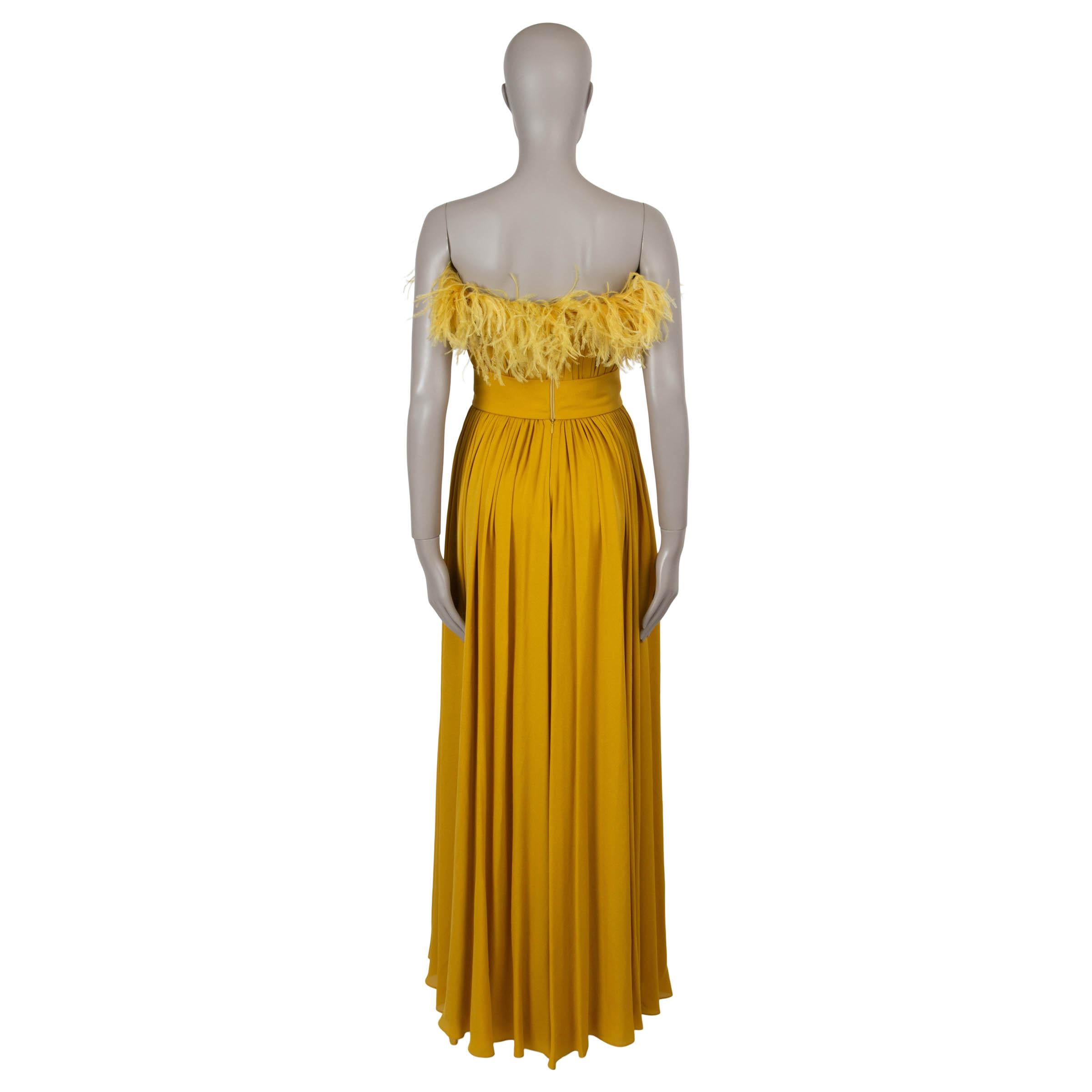 Yellow ELIE SAAB yellow silk 2022 FEATHER TRIMMED STRAPLESS GOWN Dress 36 XS For Sale