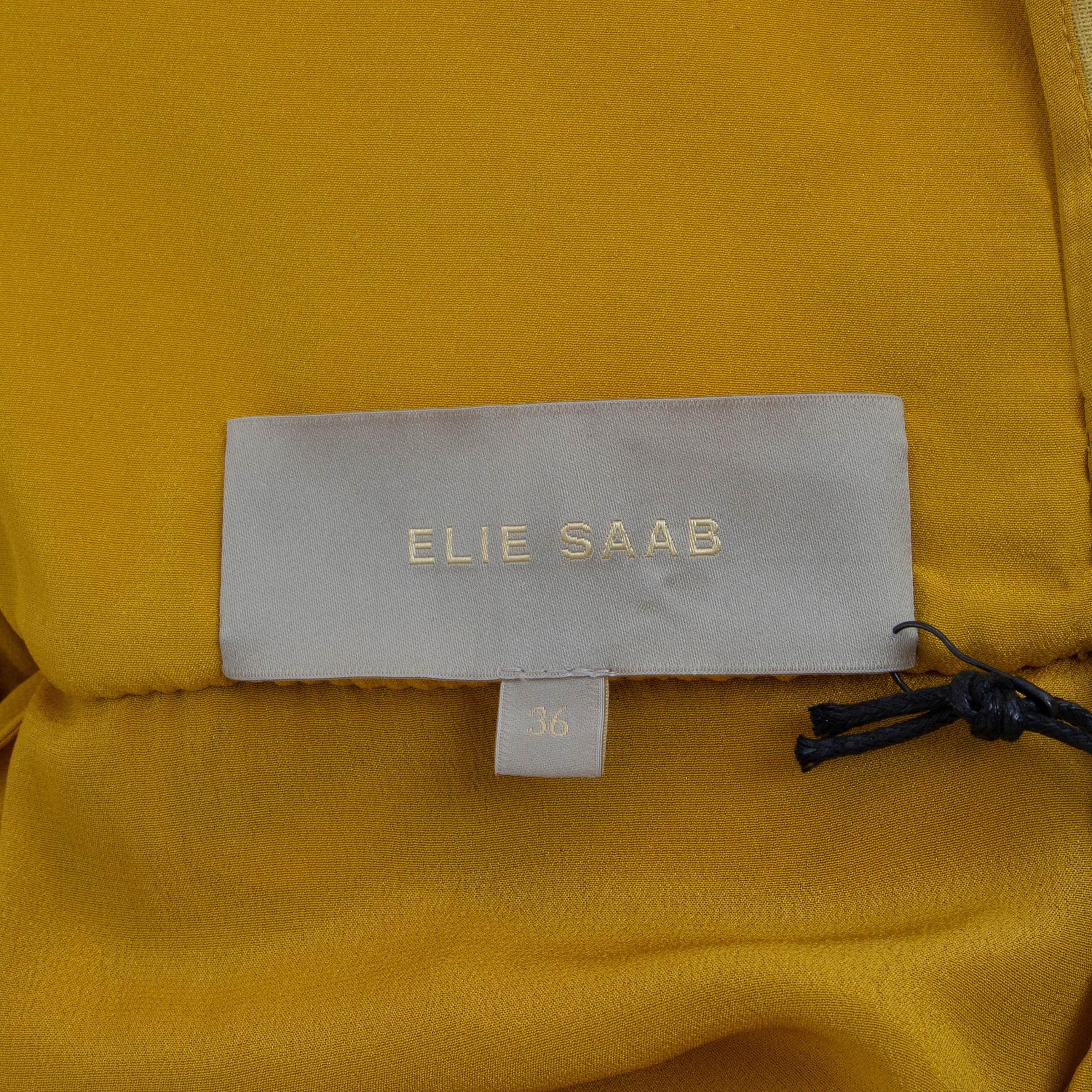 Women's ELIE SAAB yellow silk 2022 FEATHER TRIMMED STRAPLESS GOWN Dress 36 XS For Sale