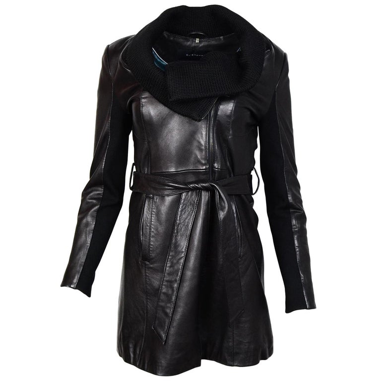 Elie Tahari Black Leather Belted Coat W Knit Cowl Neck Collar Sz Xs Elie Tahari Black Leather Belted Coat W Knit Cowl Neck Collar Sz Xs For