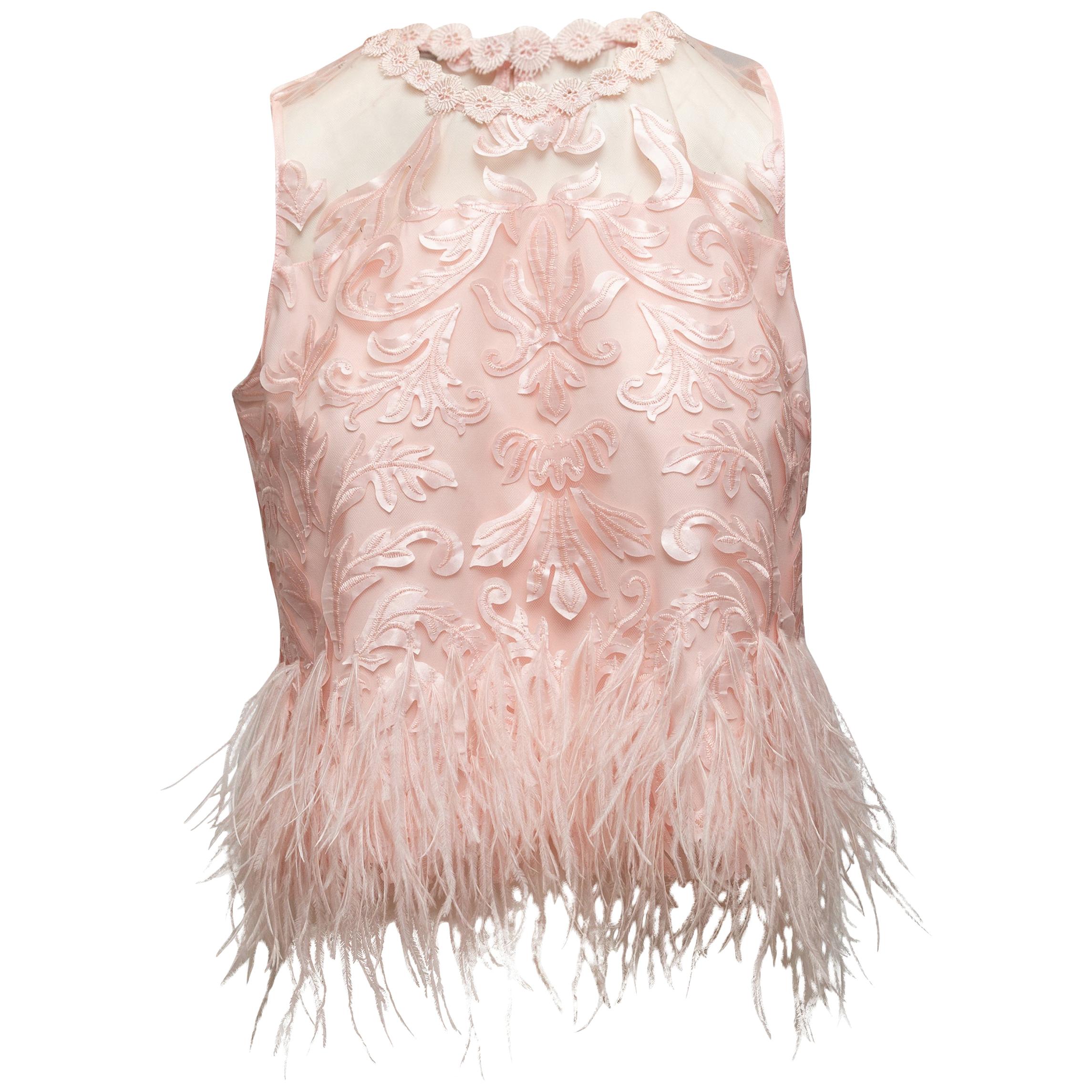 Elie Tahari Light Pink Feather-Trimmed Sleeveless Top