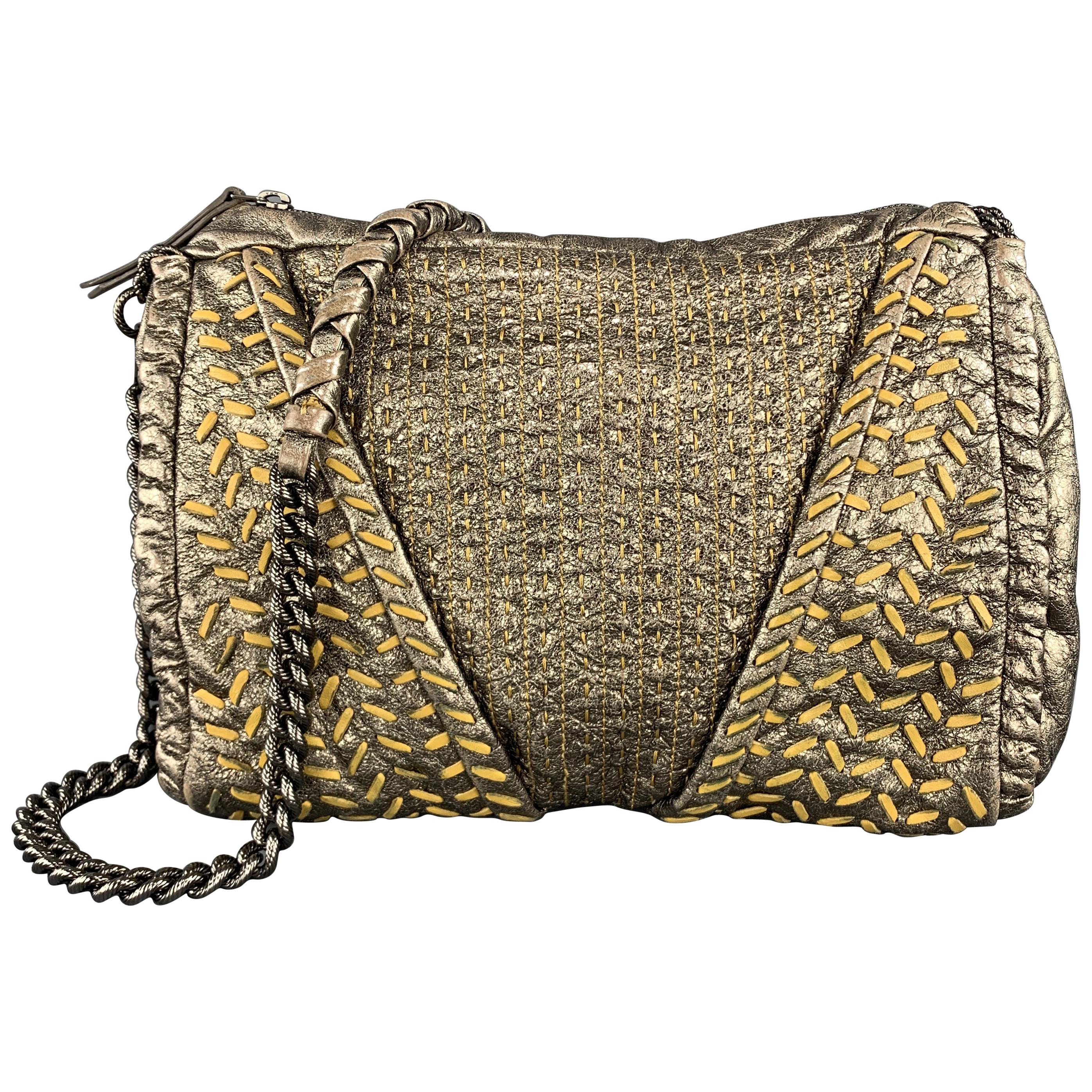 ELIE TAHARI Metallic Quilted Leather Woven Chain Strap Handbag