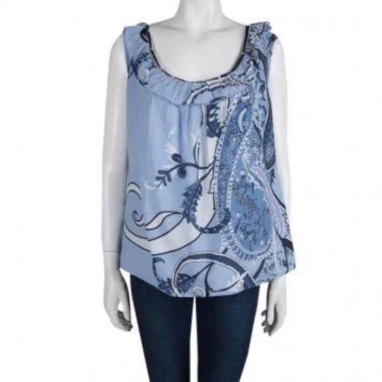 Elie Tahari Pulverblaues ärmelloses Top aus bedruckter Baumwolle mit Rüschendetail XL Damen im Angebot