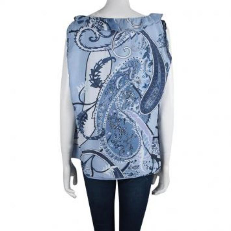 Elie Tahari Pulverblaues ärmelloses Top aus bedruckter Baumwolle mit Rüschendetail XL im Angebot 1