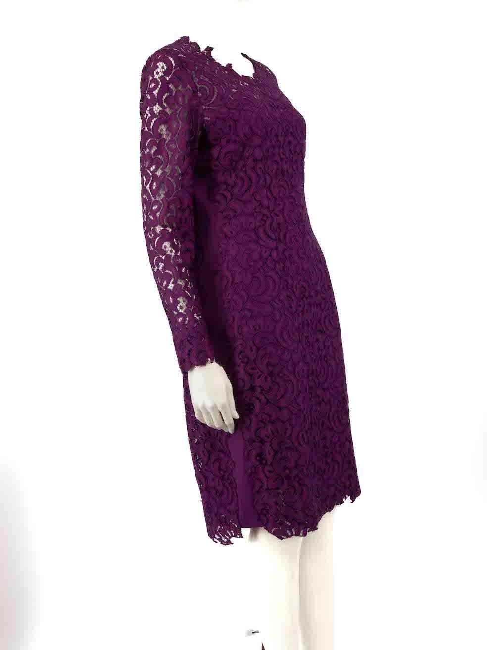 CONDITION is Very good. Minimal wear to dress is evident. Minimal wear to neckline with minor tears to lace overlay on this used Elie Tahari designer resale item.
 
 
 
 Details
 
 
 Purple
 
 Lace
 
 Dress
 
 Long sleeves
 
 Round neck
 
 Midi
 
