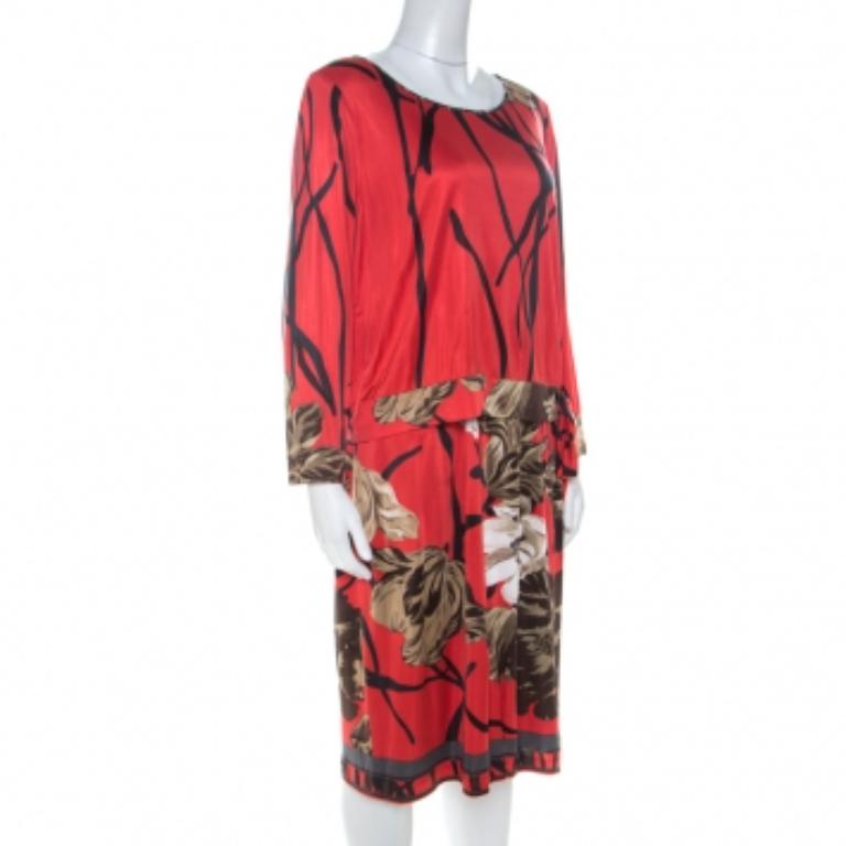 Elie Tahari Rotes, mehrlagiges, bedrucktes Jersey-Kleid L Damen im Angebot
