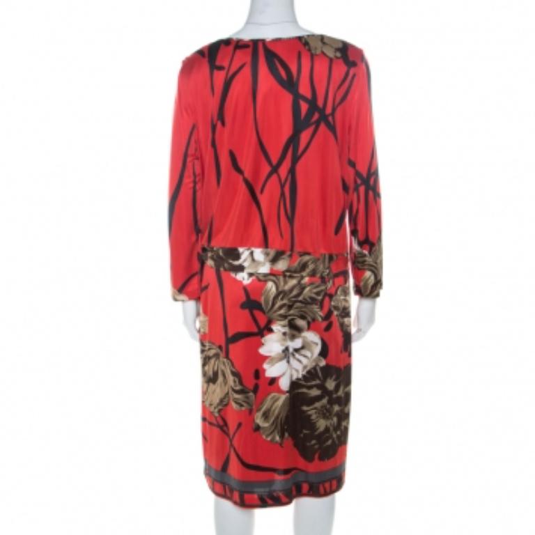 Elie Tahari Rotes, mehrlagiges, bedrucktes Jersey-Kleid L im Angebot 1