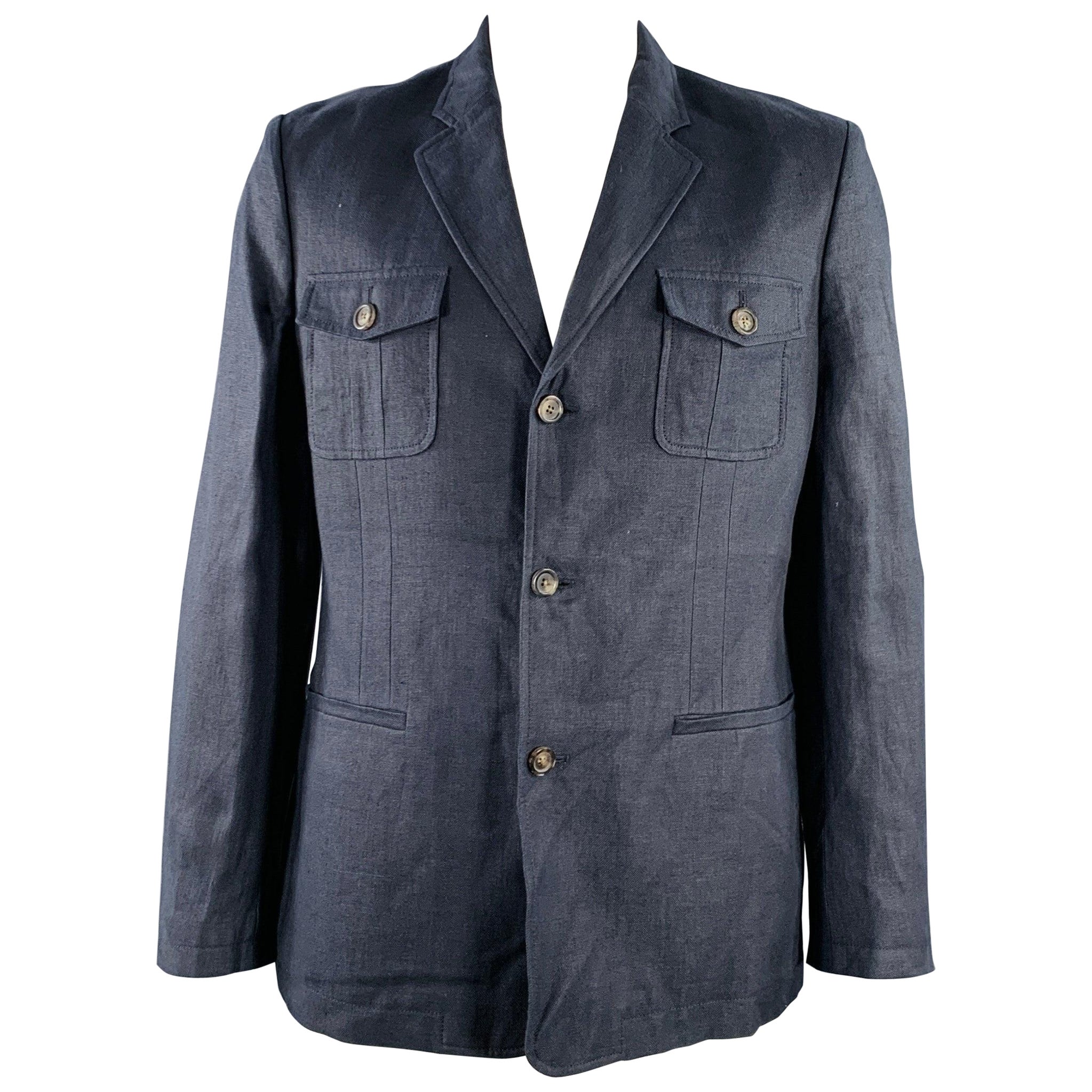 Elie Tahari - Giacca con risvolto in lino e canapa Redford Navy Taglia 42 in vendita