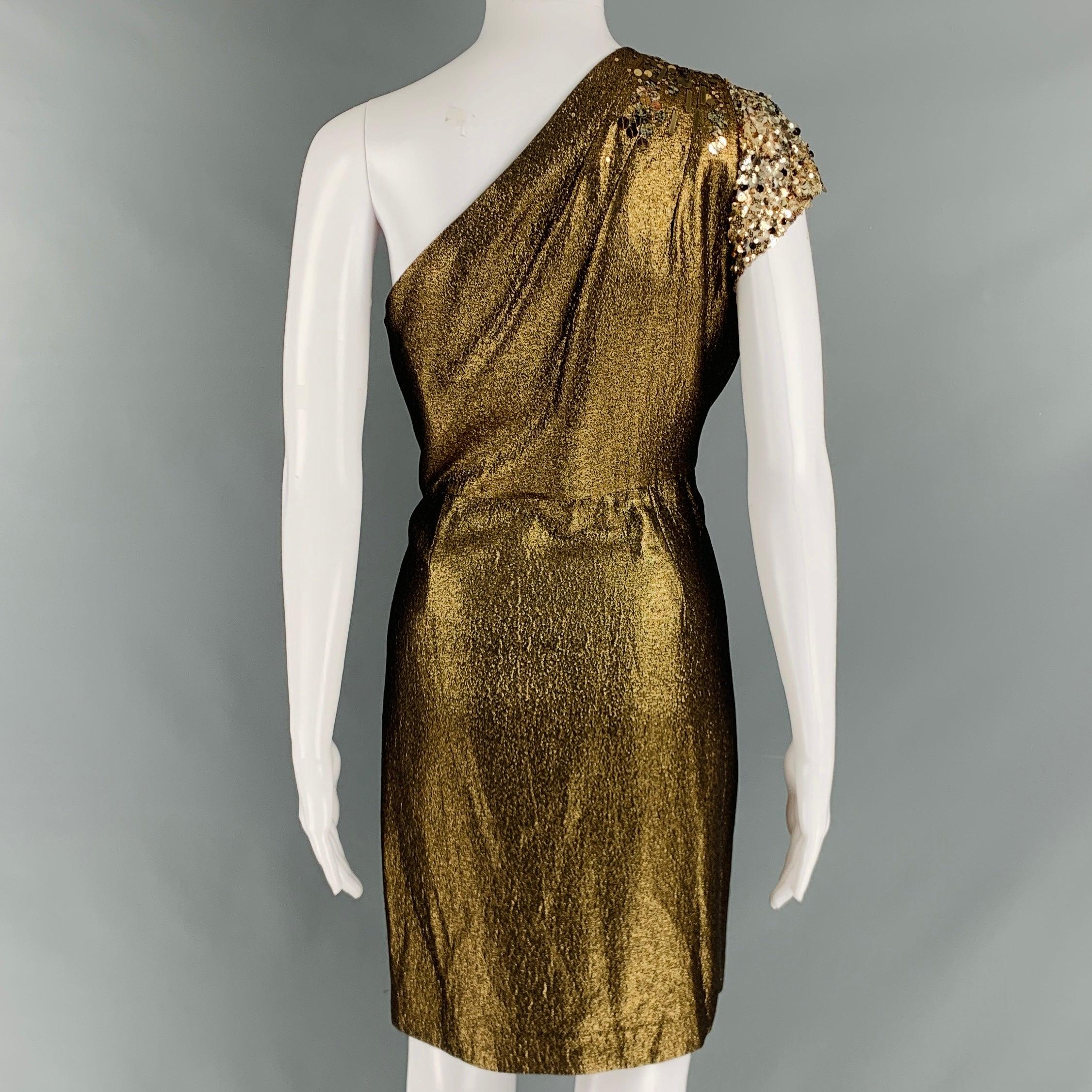 Women's ELIE TAHARI Size 8 Gold Cotton Blend One Shoulder Cocktail Dress For Sale