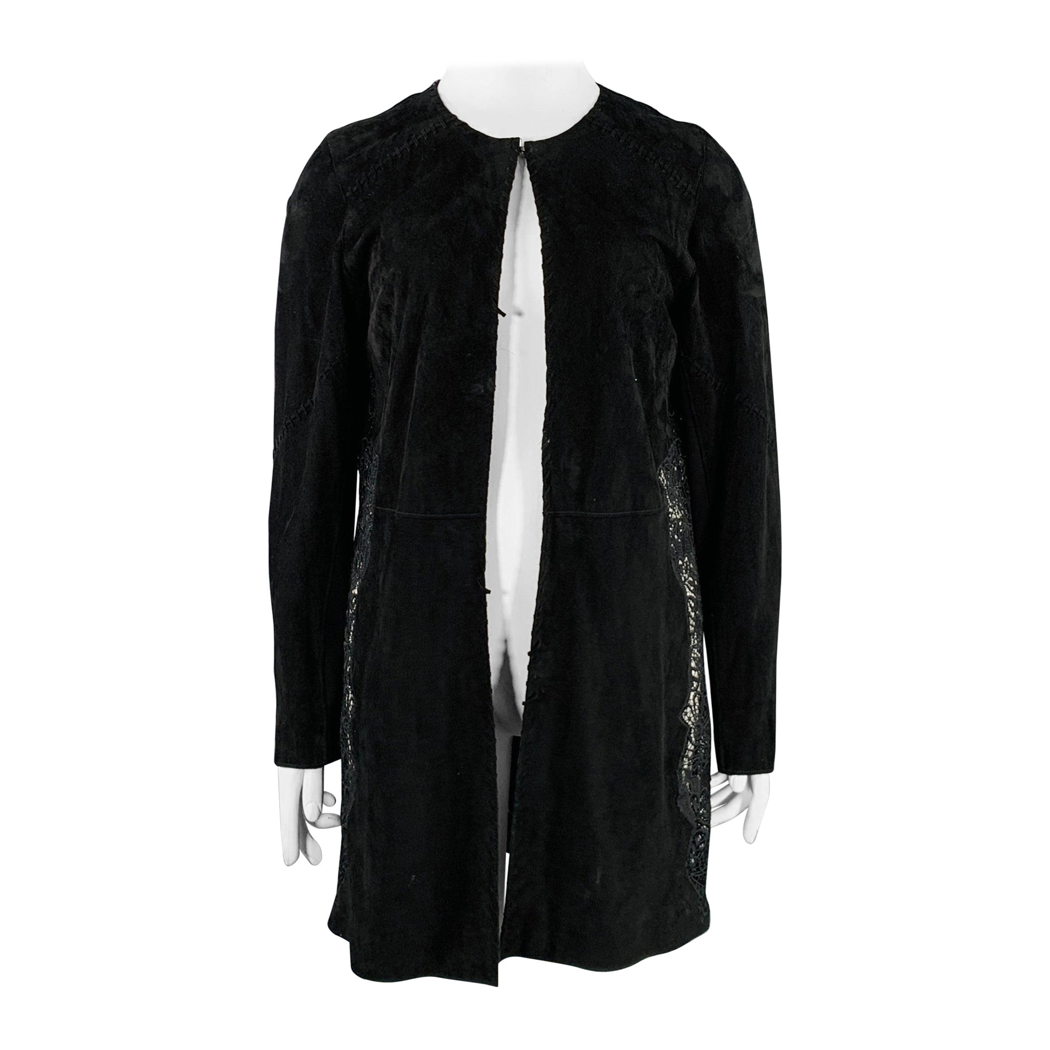 ELIE TAHARI Size L Black Lambskin Suede Hook Eye Closure Jacket