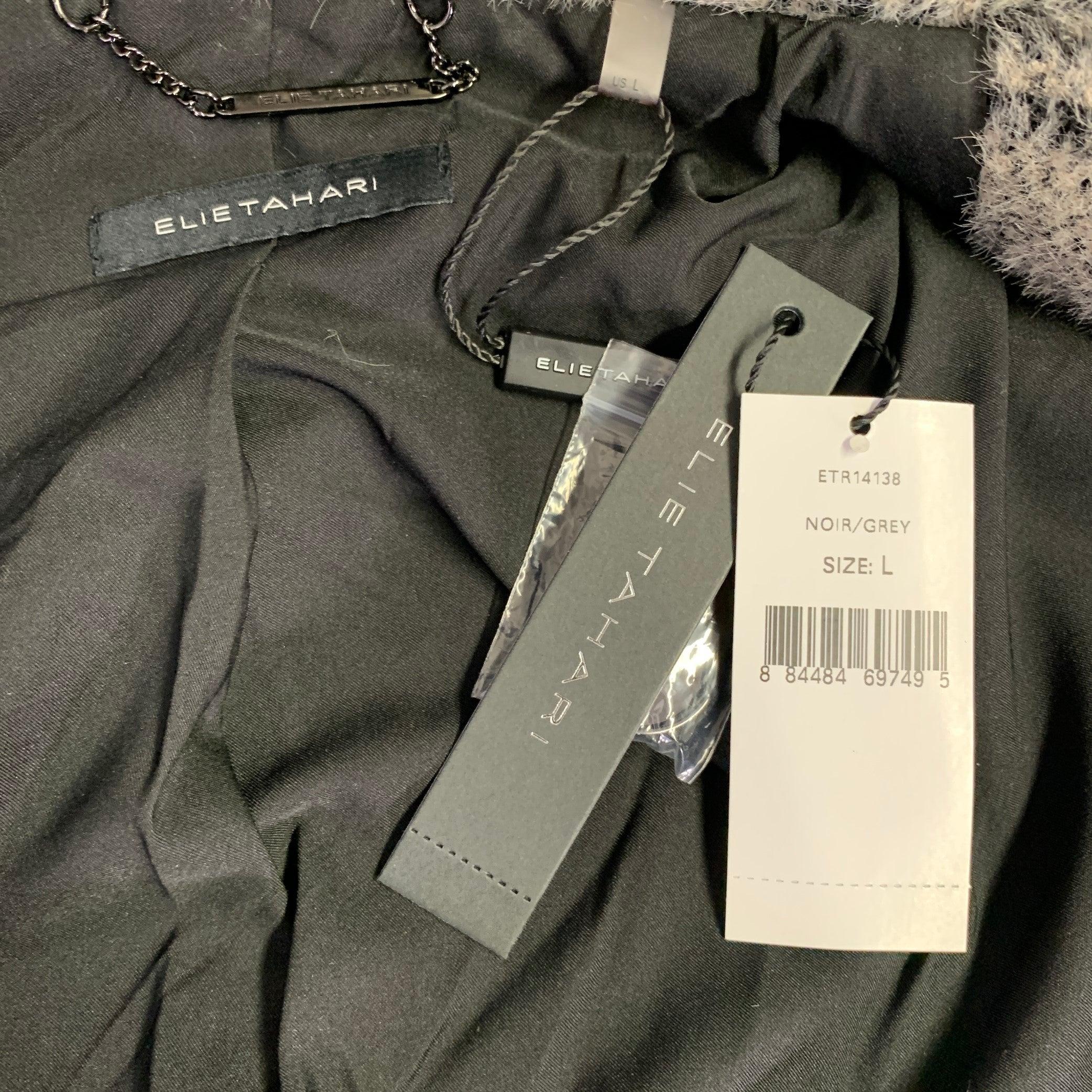 Women's ELIE TAHARI Size L Grey Black Nylon Blend Plaid Double Breasted Coat For Sale