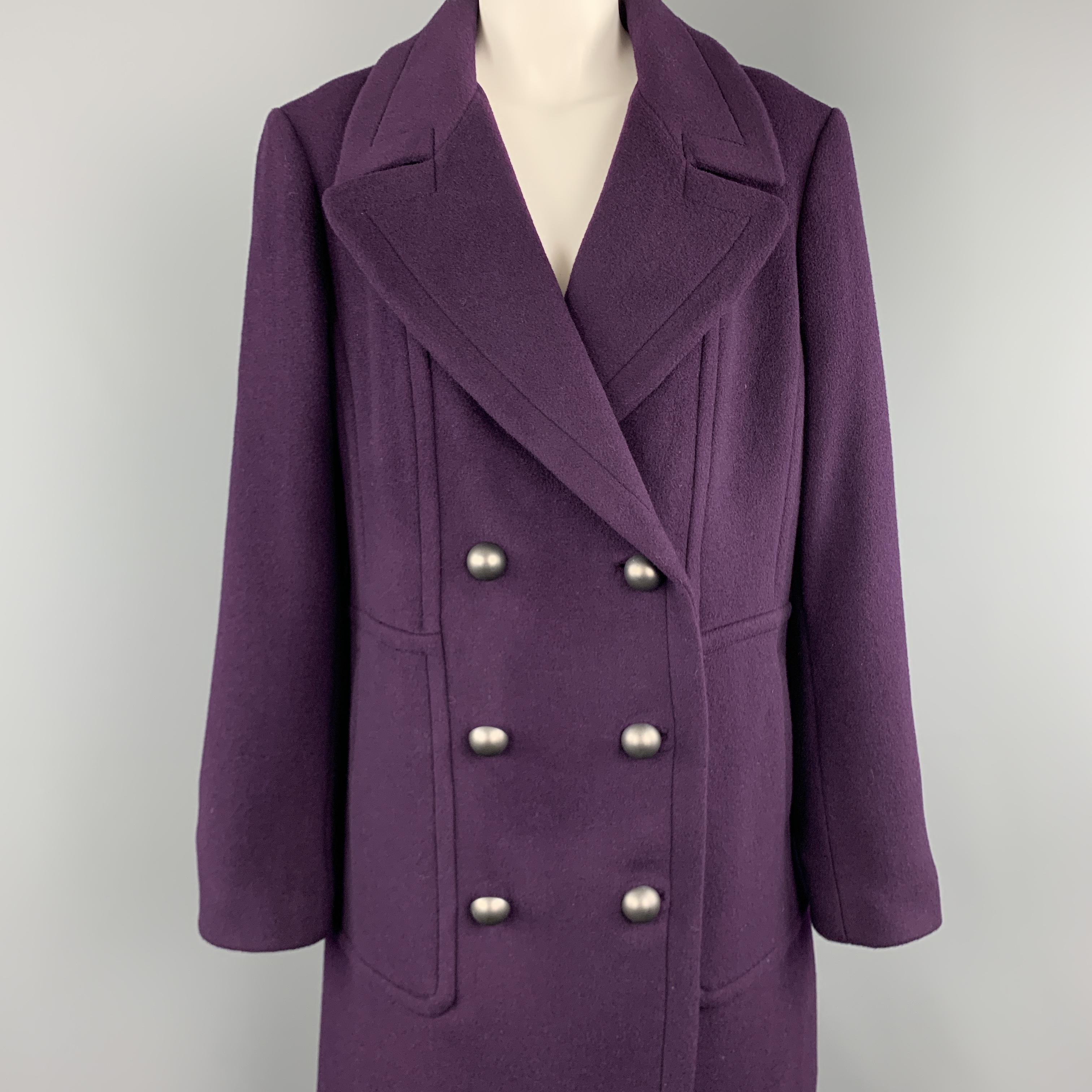 ELIE TAHARI coat comes in plum purple wool blend flannel with a pointed lapel, double breasted metal button front, and slit pockets. 

New with Tags.
Marked: L

Measurements:

Shoulder: 18 in.
Bust: 44 in.
Sleeve: 26 in.
Length: 41 in.