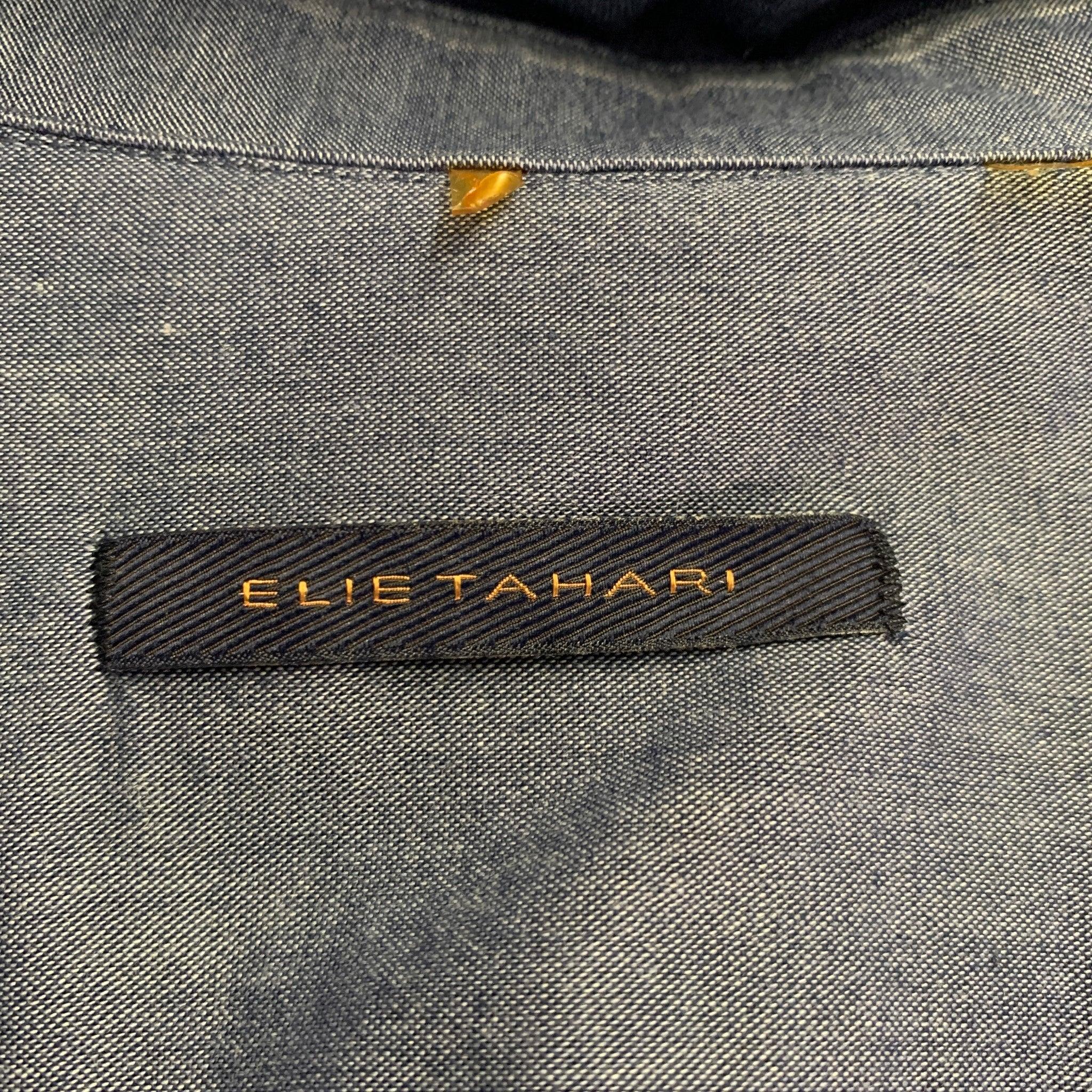 ELIE TAHARI Grö�ße M Marineblau Farbblock-Baumwolle Langarmhemd mit einer Tasche im Zustand „Hervorragend“ im Angebot in San Francisco, CA