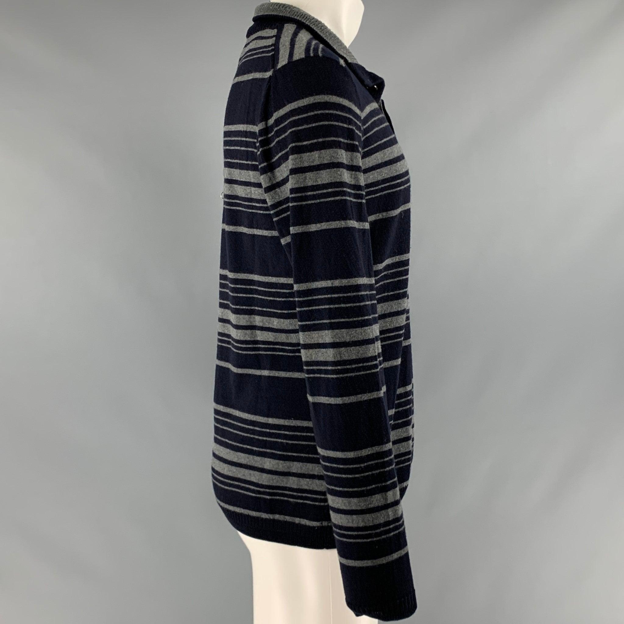 ELIE TAHARI Size M Navy Grey Stripe Merino Wool Long Sleeve Pullover In Good Condition For Sale In San Francisco, CA