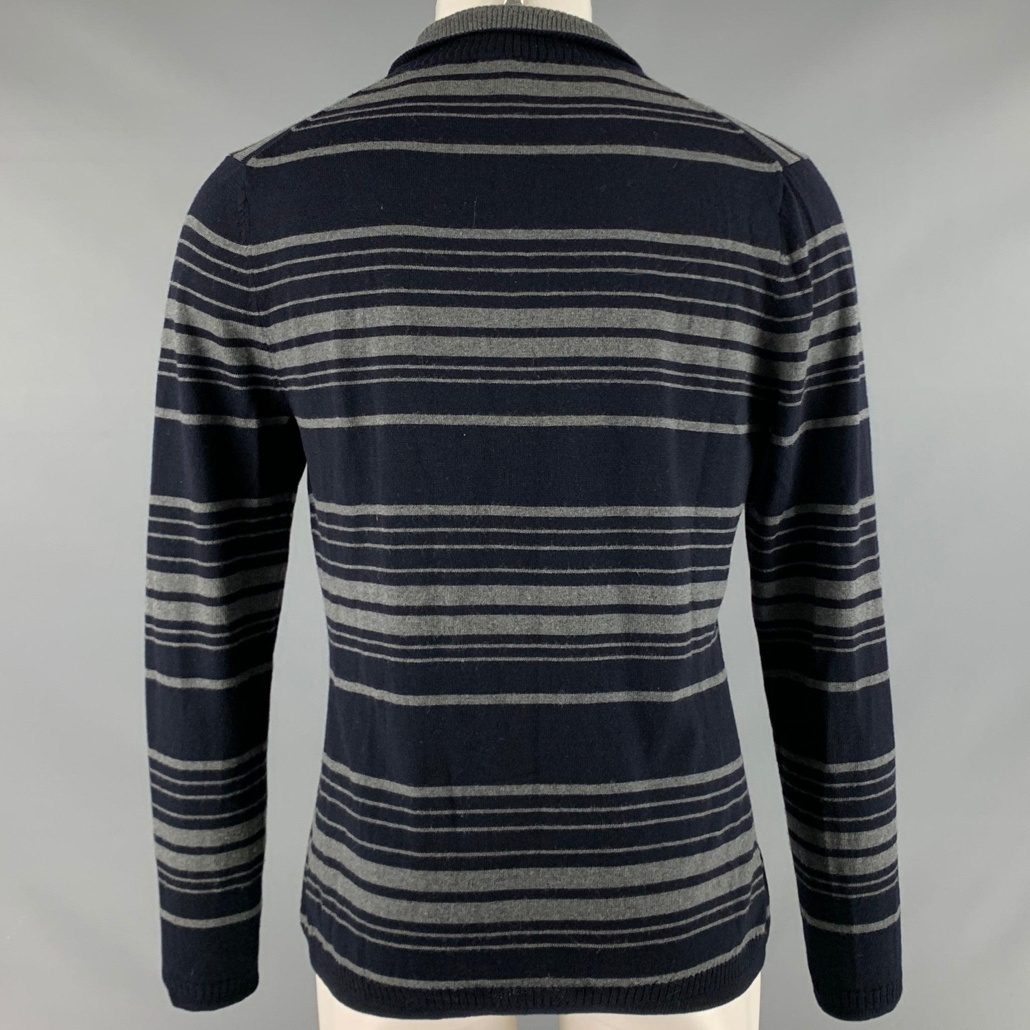 Men's ELIE TAHARI Size M Navy Grey Stripe Merino Wool Long Sleeve Pullover For Sale