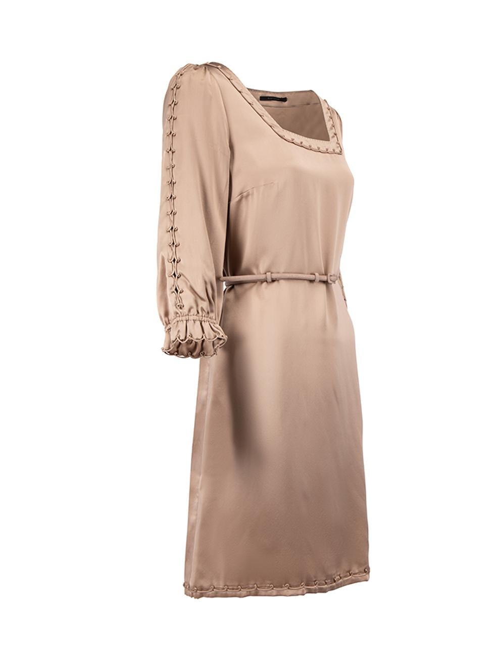 CONDITION is Very good. Minimal wear to dress is evident. Visible wear to the leather belt where the leather has peeled off on this used Elie Tahari designer resale item. 



Details


Purple

Silk

Mini dress

Square neckline

Elasticated