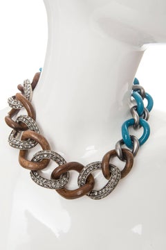 Elie Top for Lanvin Gunmetal Wood & Blue Enamel Chain Link Necklace