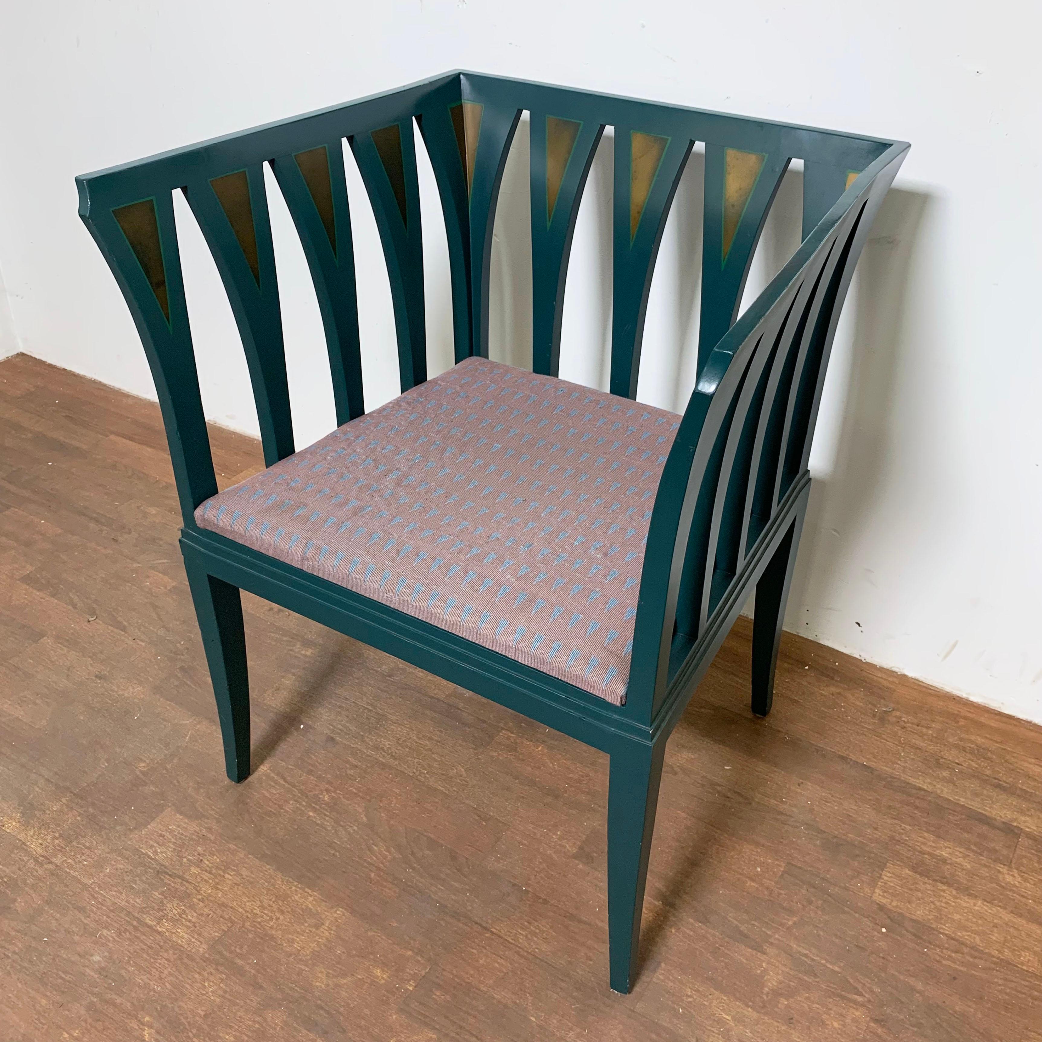 An armchair designed by the Finnish architect Gottlieb “Eliel” Saarinen in 1929 for his wife Loja’s weaving studio in the Cranbrook Academy of Art. This limited edition reissue of the “blue chair” was produced in Finland in 1983 by Adelta Oy with