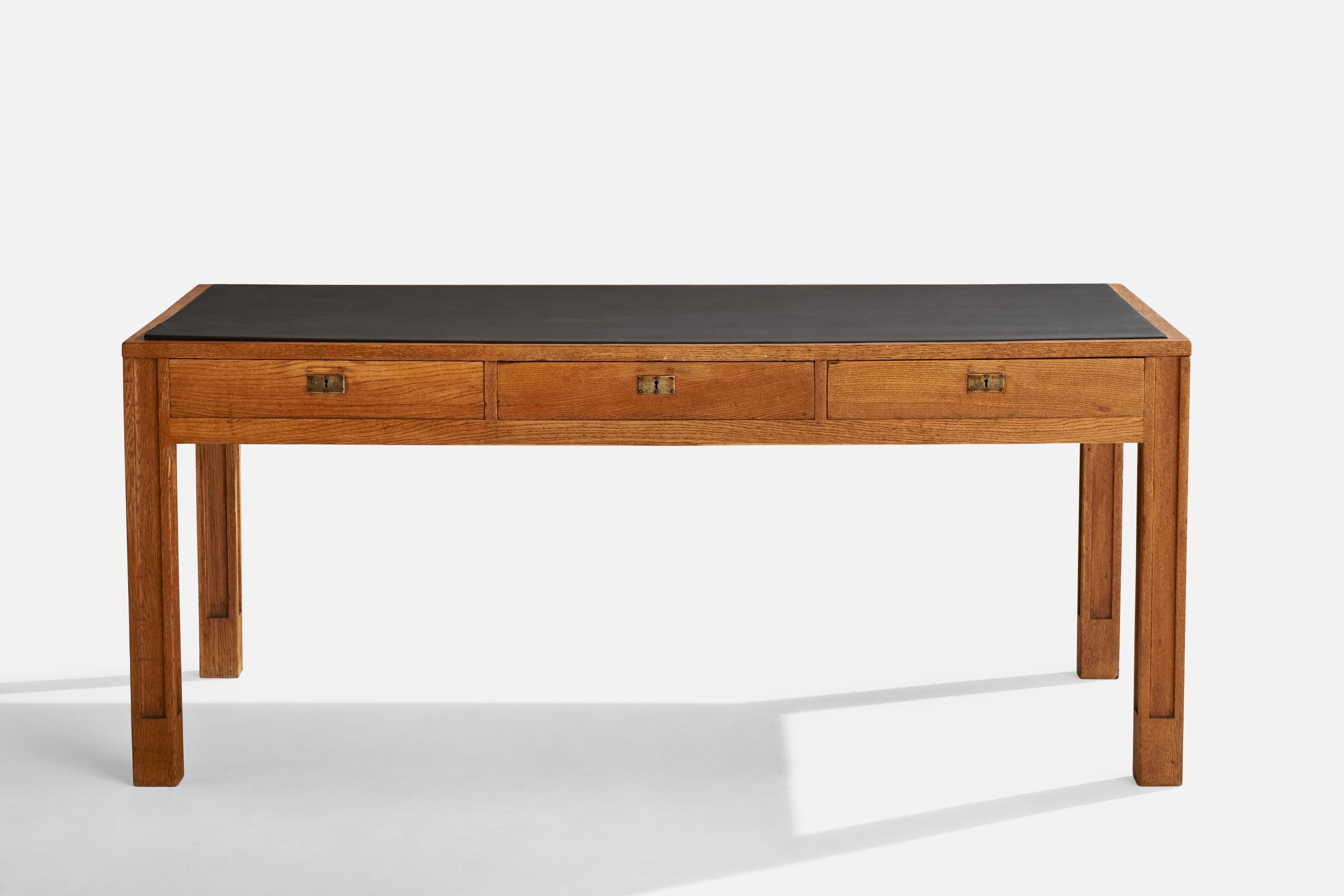Art Nouveau Eliel Saarinen, Desk, Oak, Brass, Leather, Finland, 1919