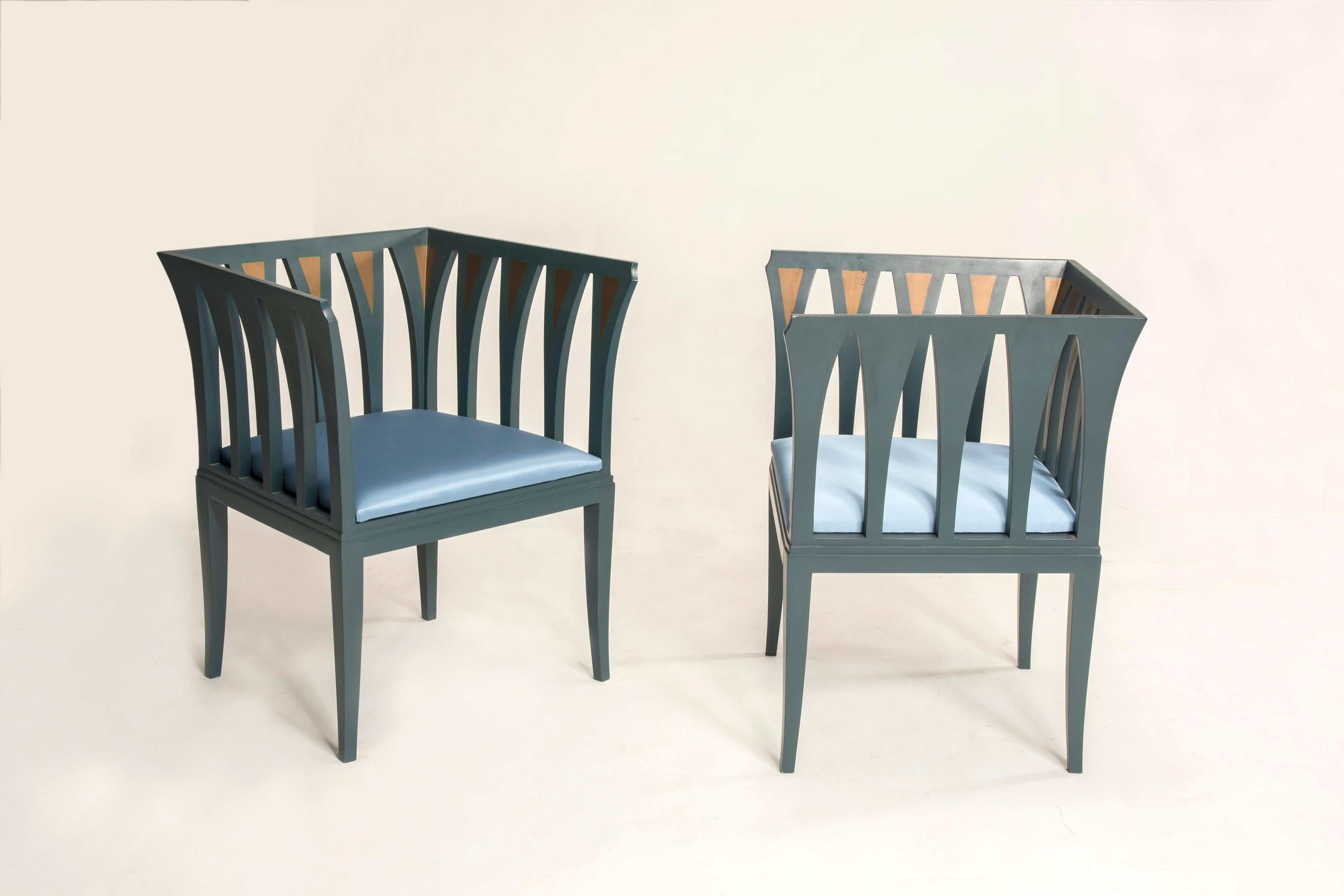 20th Century Eliel Saarinen for Adelta Blue Chairs, Finland 1980s, Art Deco Style