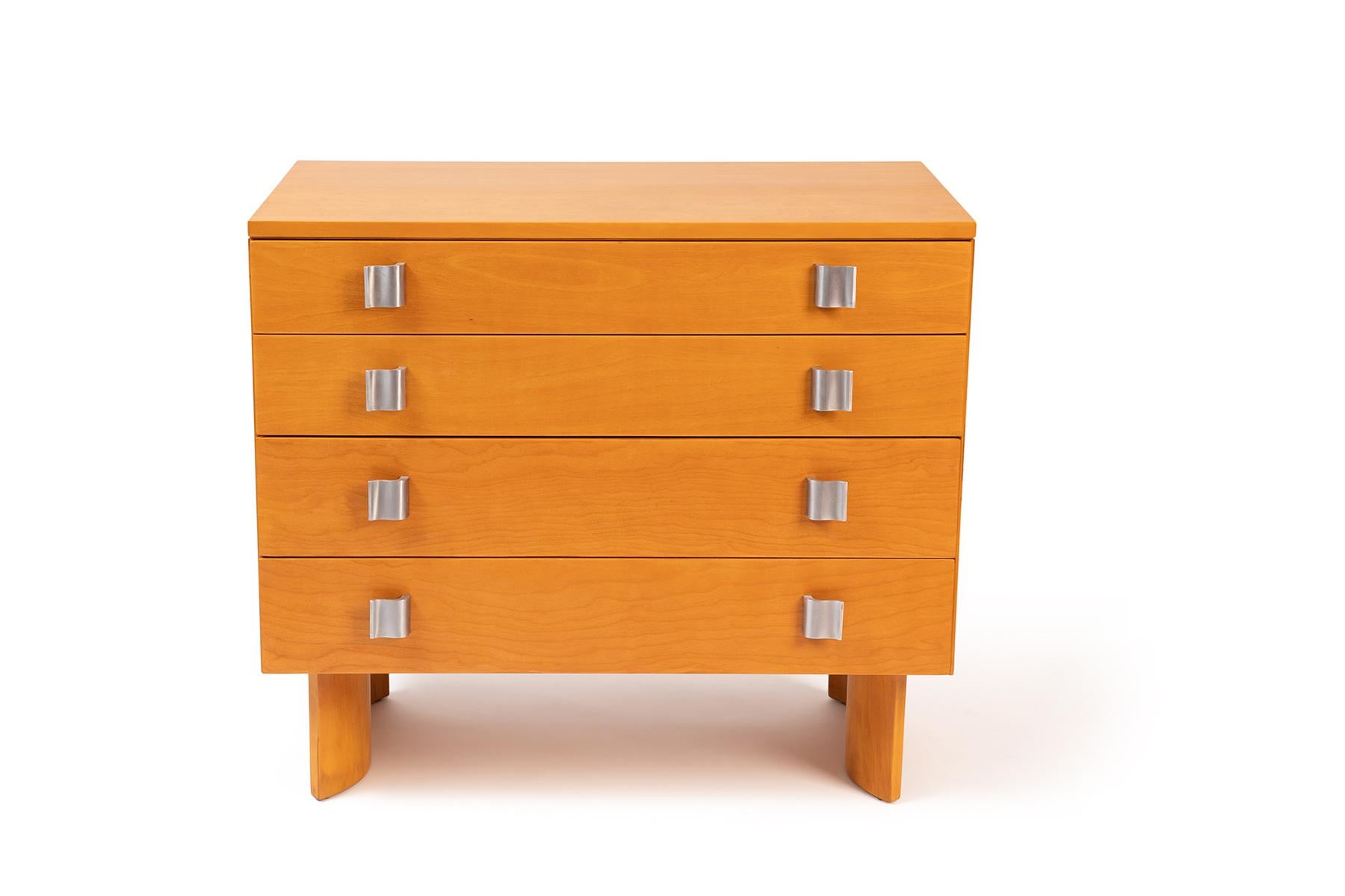 Eliel Saarinen for Johnson Furniture Company chests of drawers circa 1948. These seldom seen examples have sculptural S-shaped legs, formed aluminum handles and beautifully grained birch cases and drawer fronts. There are three of these available.