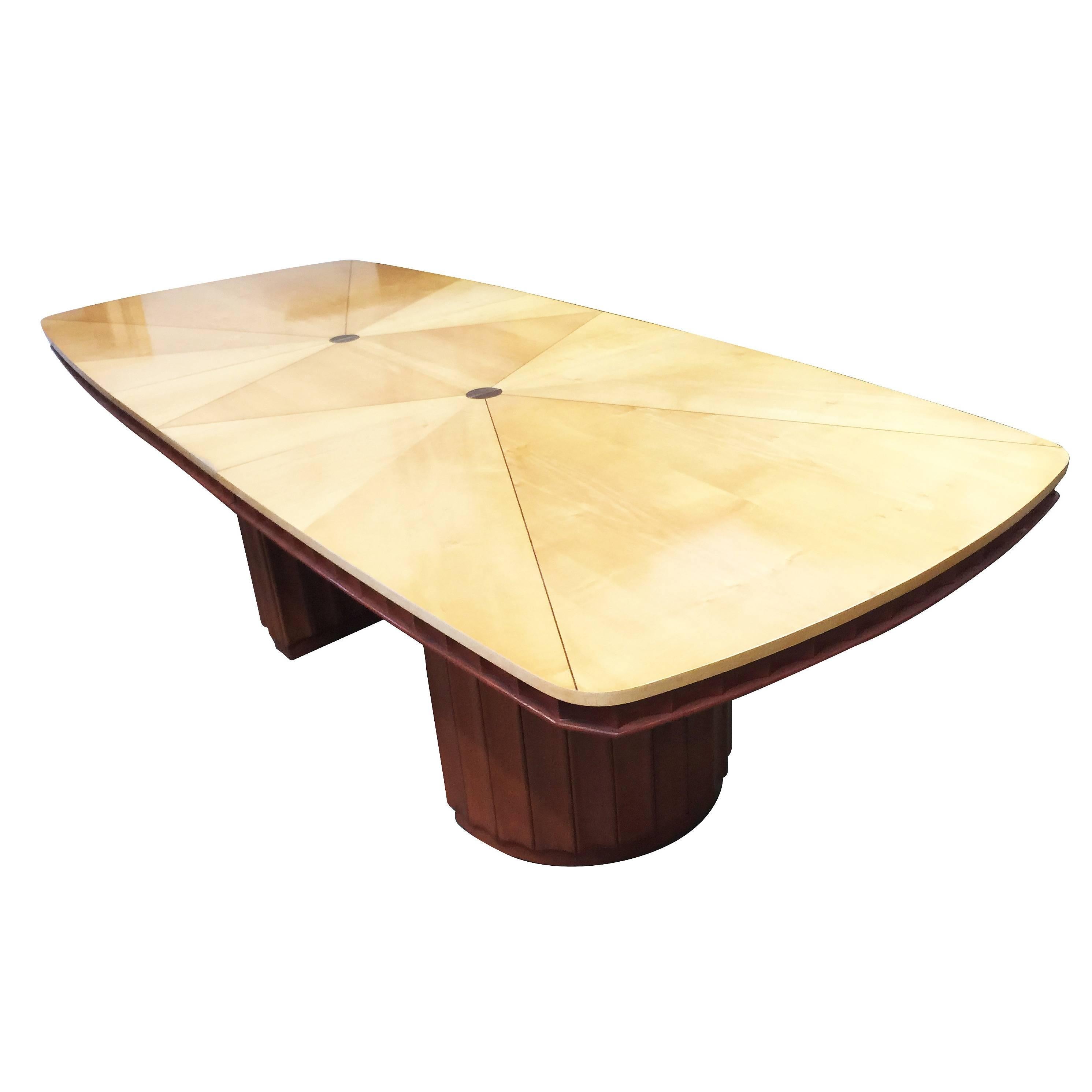 Eliel Saarinen Style Dining Table with Sculpted Bases and Inlay Top In Excellent Condition For Sale In Van Nuys, CA