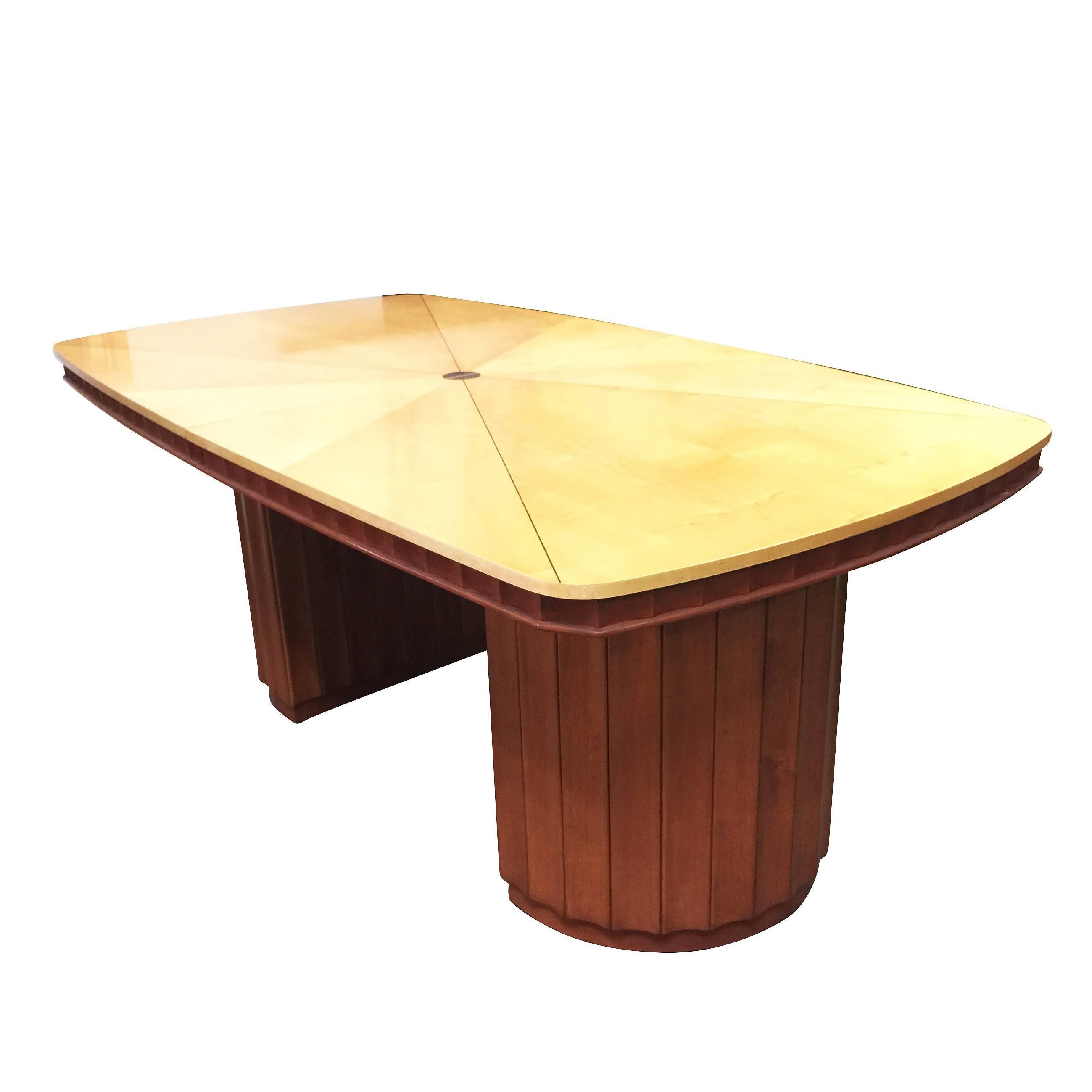 Wood Eliel Saarinen Style Dining Table with Sculpted Bases and Inlay Top For Sale