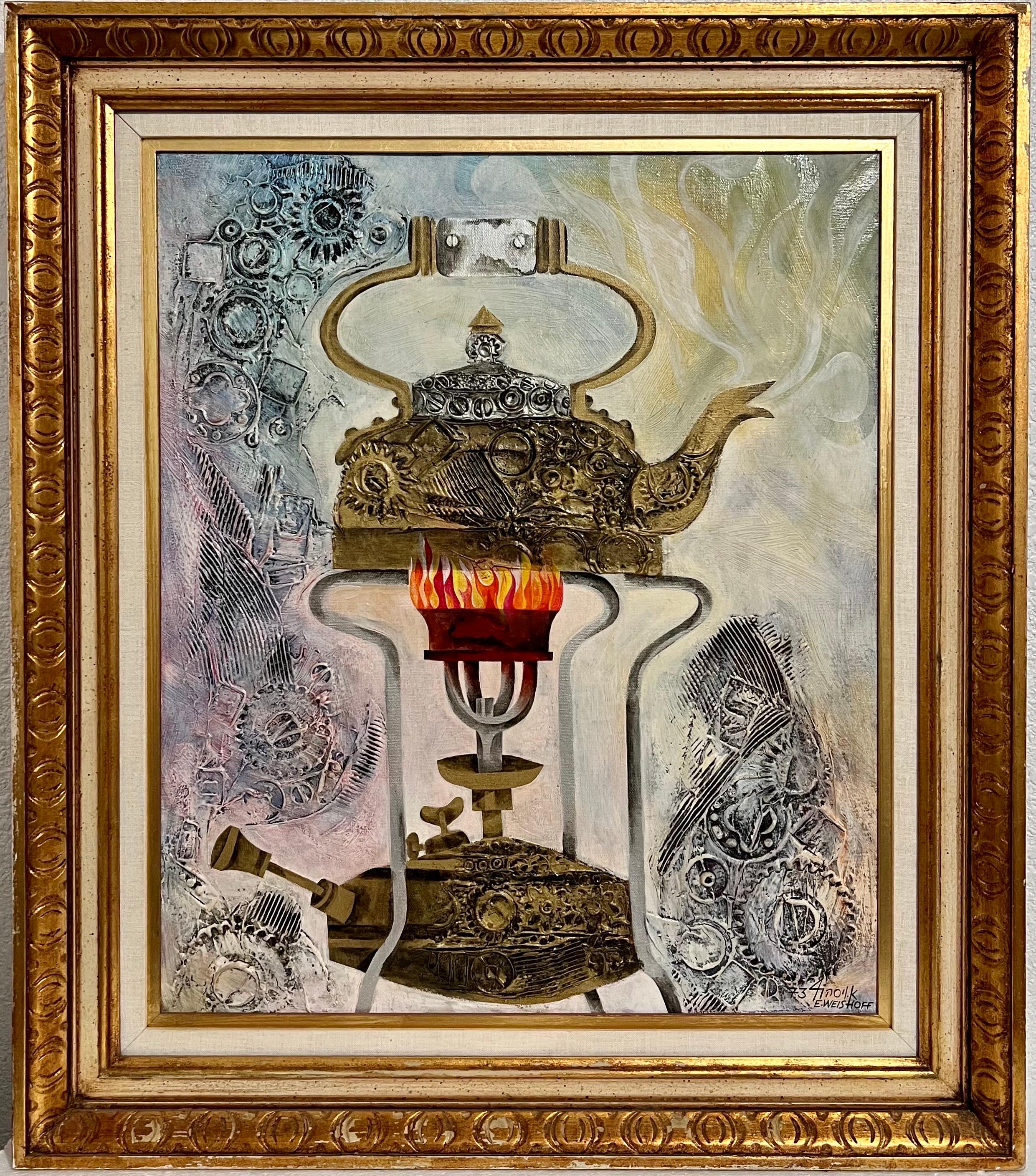 Samovar de Jérusalem Judaïque israélienne Eliezer Weishoff Peinture à l'huile Artiste Bezalel