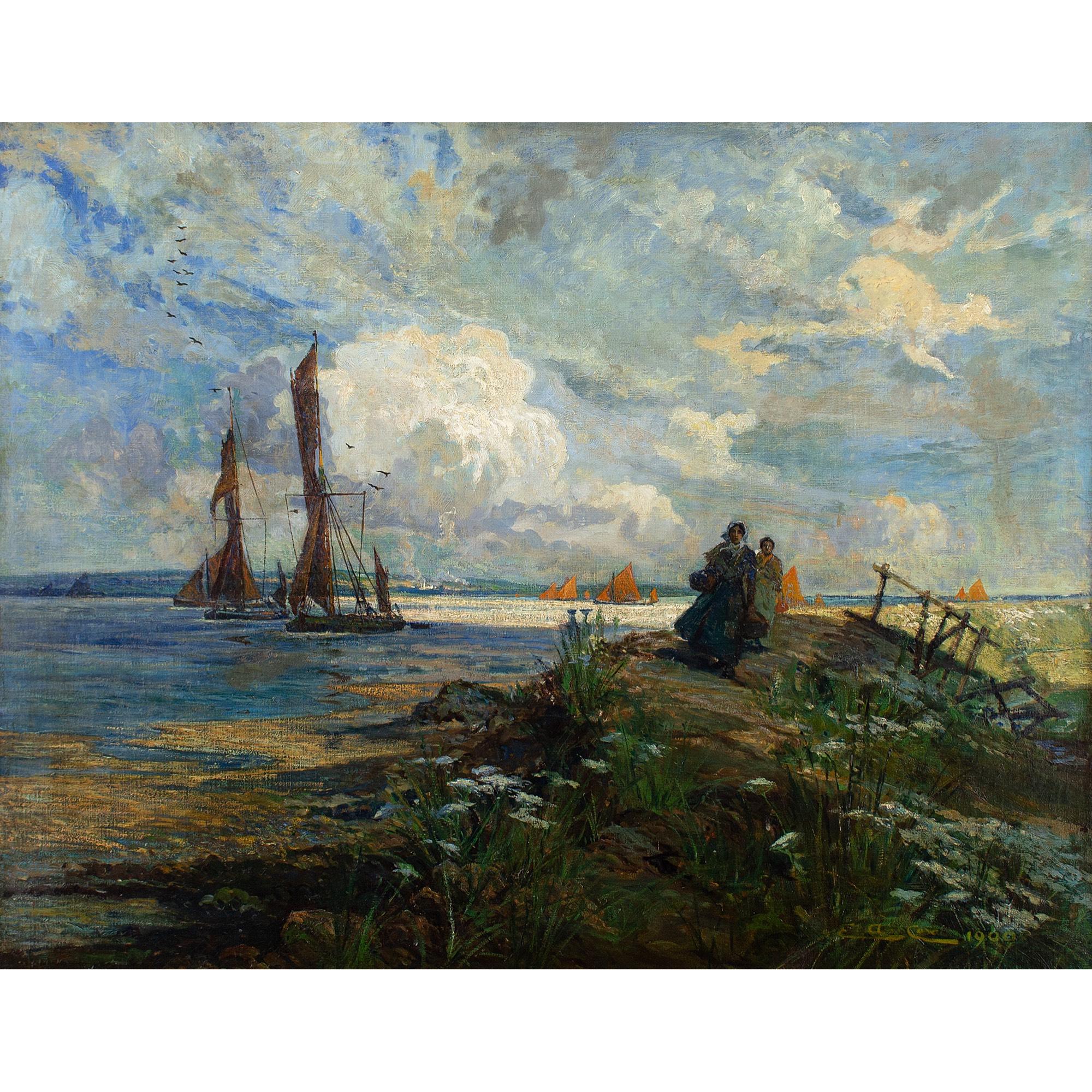 This early 20th-century oil painting by British artist Elijah Albert Cox (1870-1955) depicts a vibrant coastal scene with fishermen’s wives and the returning fleet.

Under a restless sky abundant with disparate clouds, two fishing boats head for the