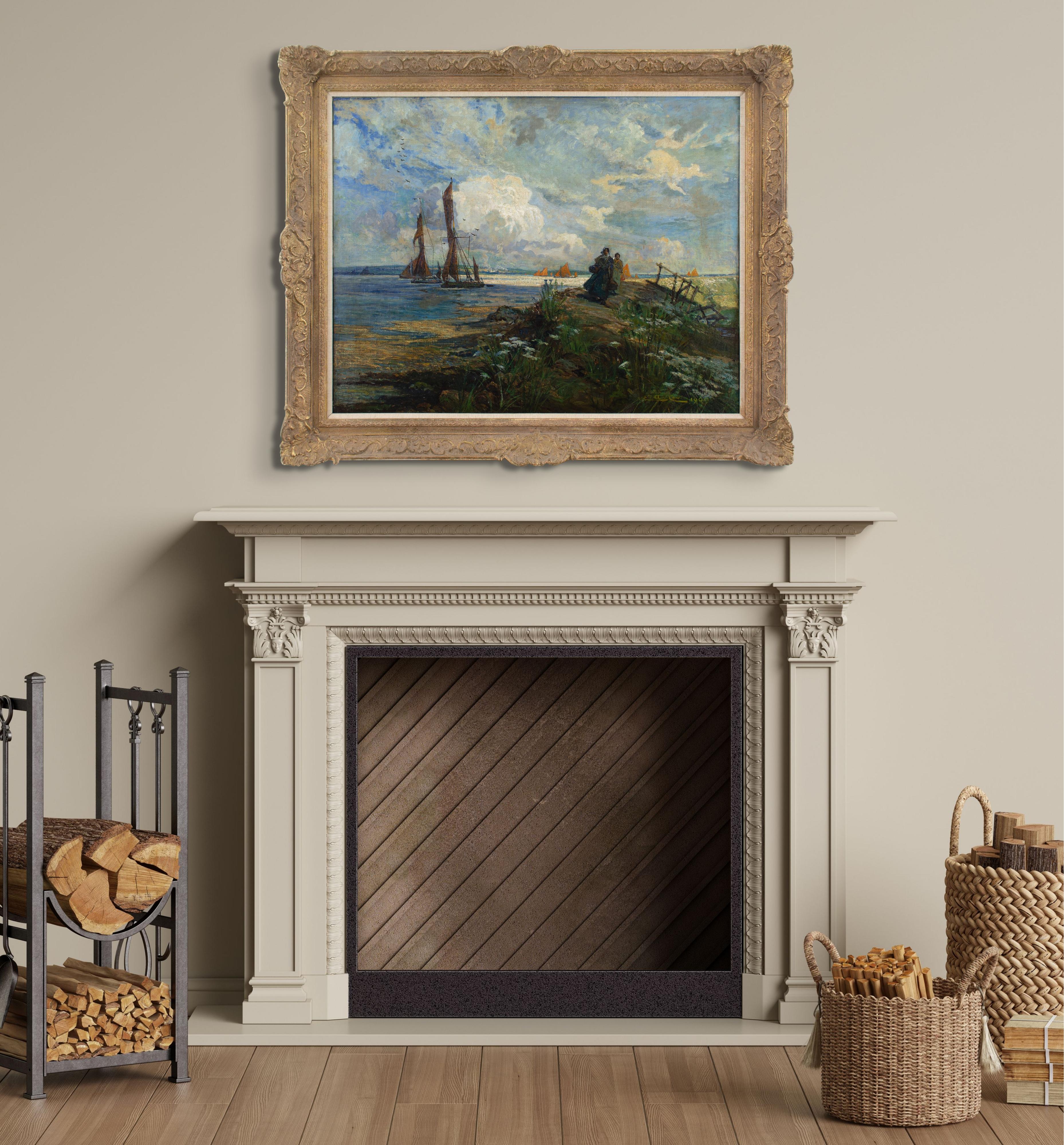 This early 20th-century oil painting by British artist Elijah Albert Cox (1870-1955) depicts a vibrant coastal scene with fishermen’s wives and the returning fleet.

Under a restless sky abundant with disparate clouds, two fishing boats head for the
