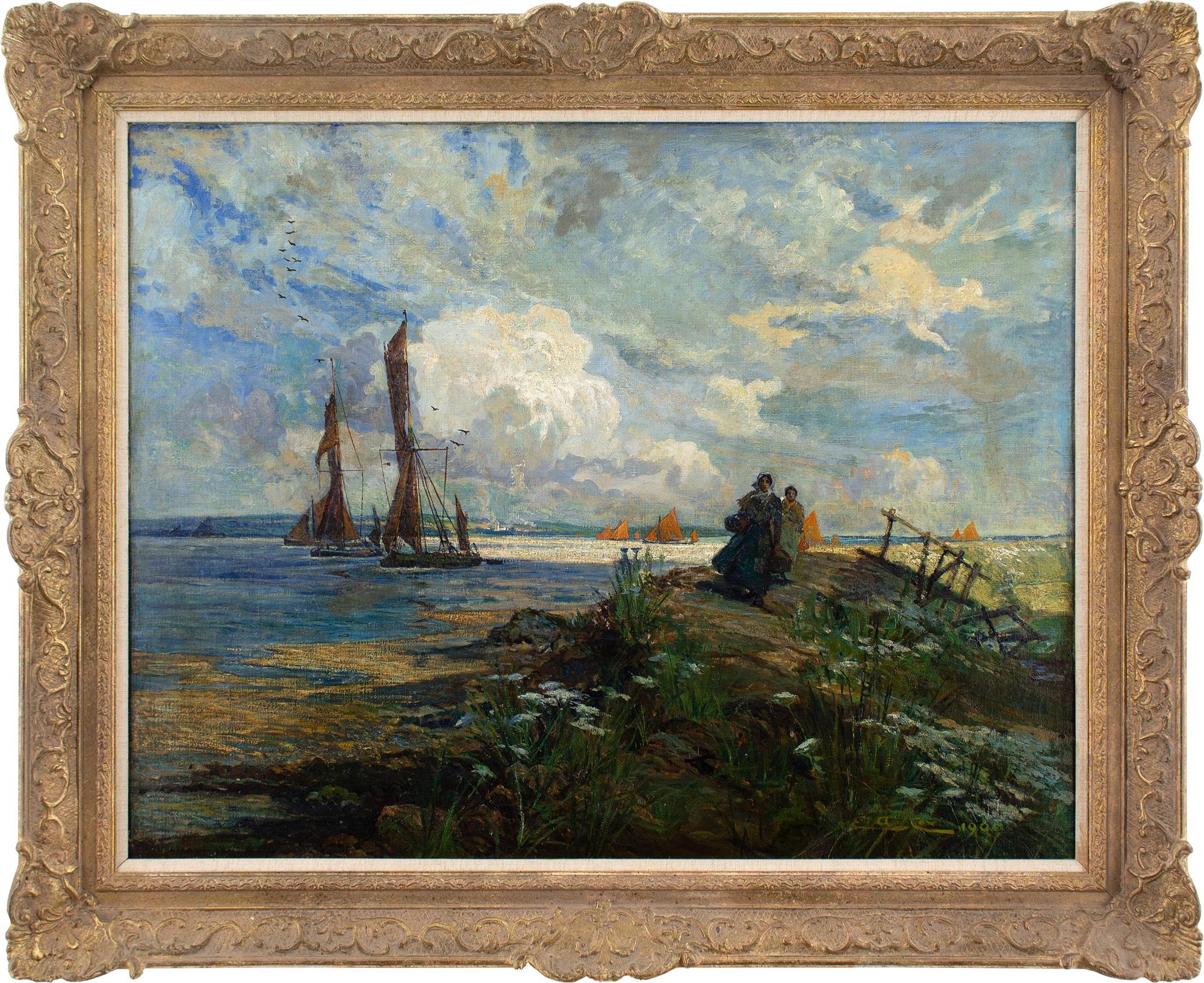 This early 20th-century oil painting by British artist Elijah Albert Cox (1870-1955) depicts a vibrant coastal scene with fishermen’s wives and the returning fleet.

Under a restless sky abundant with disparate clouds, two fishing boats head for the