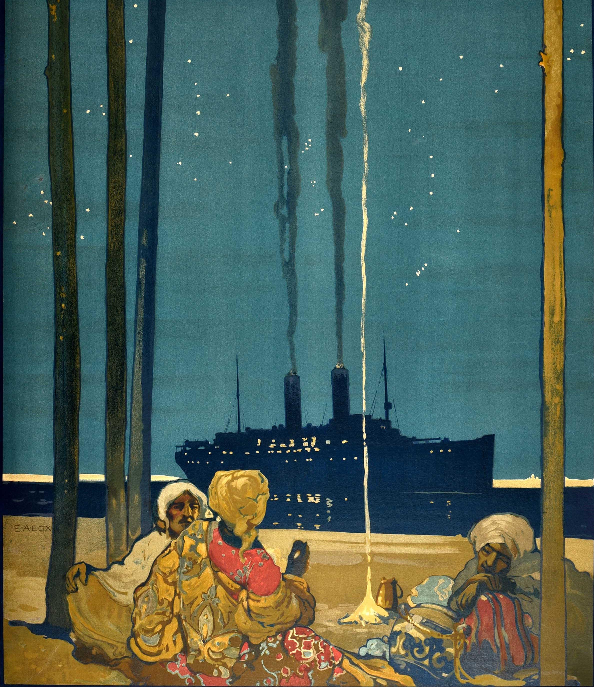Affiche de croisière originale et ancienne pour la Orient Line à destination de l'Australie, représentant une superbe œuvre d'art du peintre britannique Elijah Albert Cox (1876-1955) représentant trois personnes portant des vêtements colorés et des