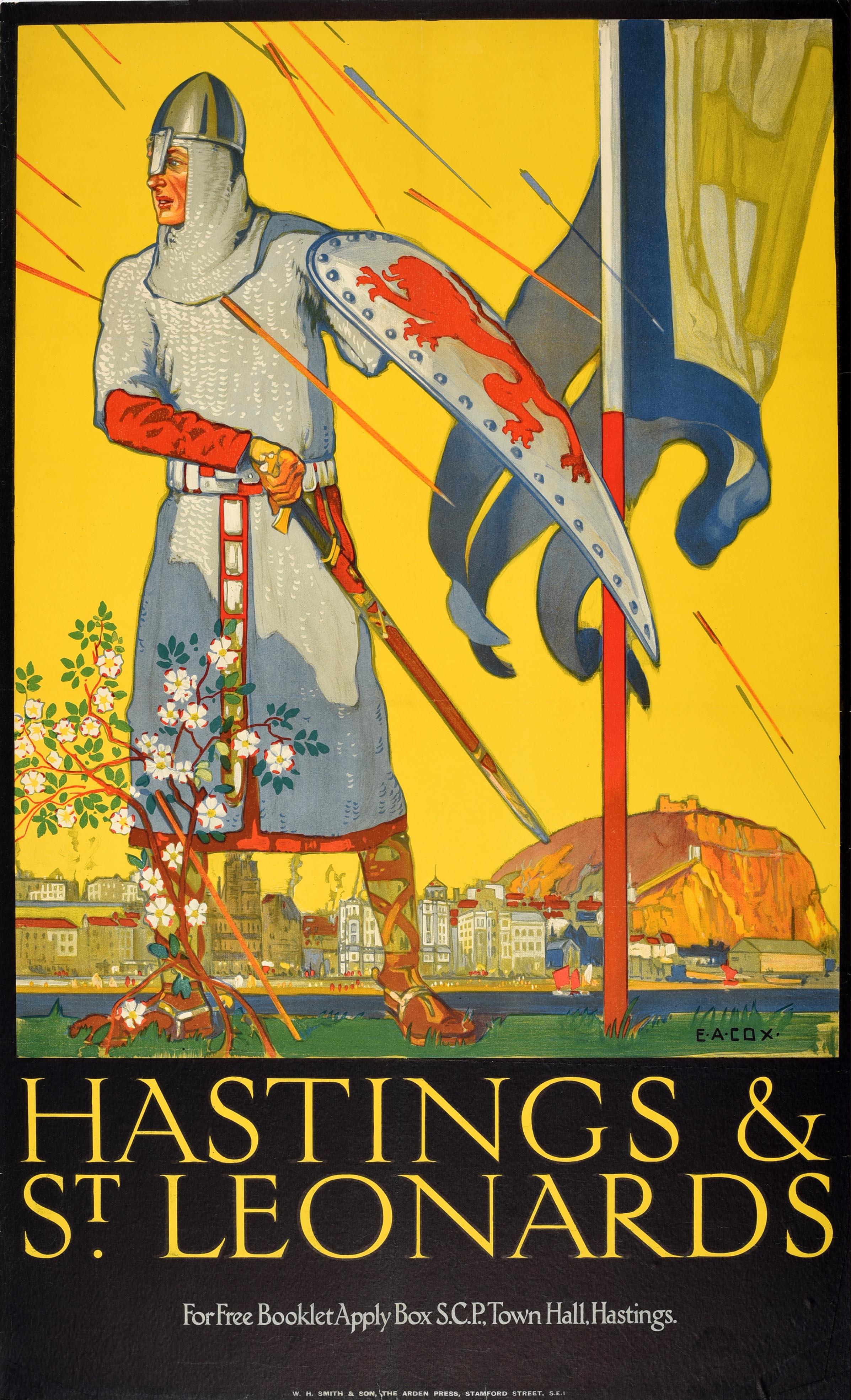 Print Elijah Albert Cox - Affiche rétro originale de voyage Hastings St Leonards EA, bataille des soldats du Sussex