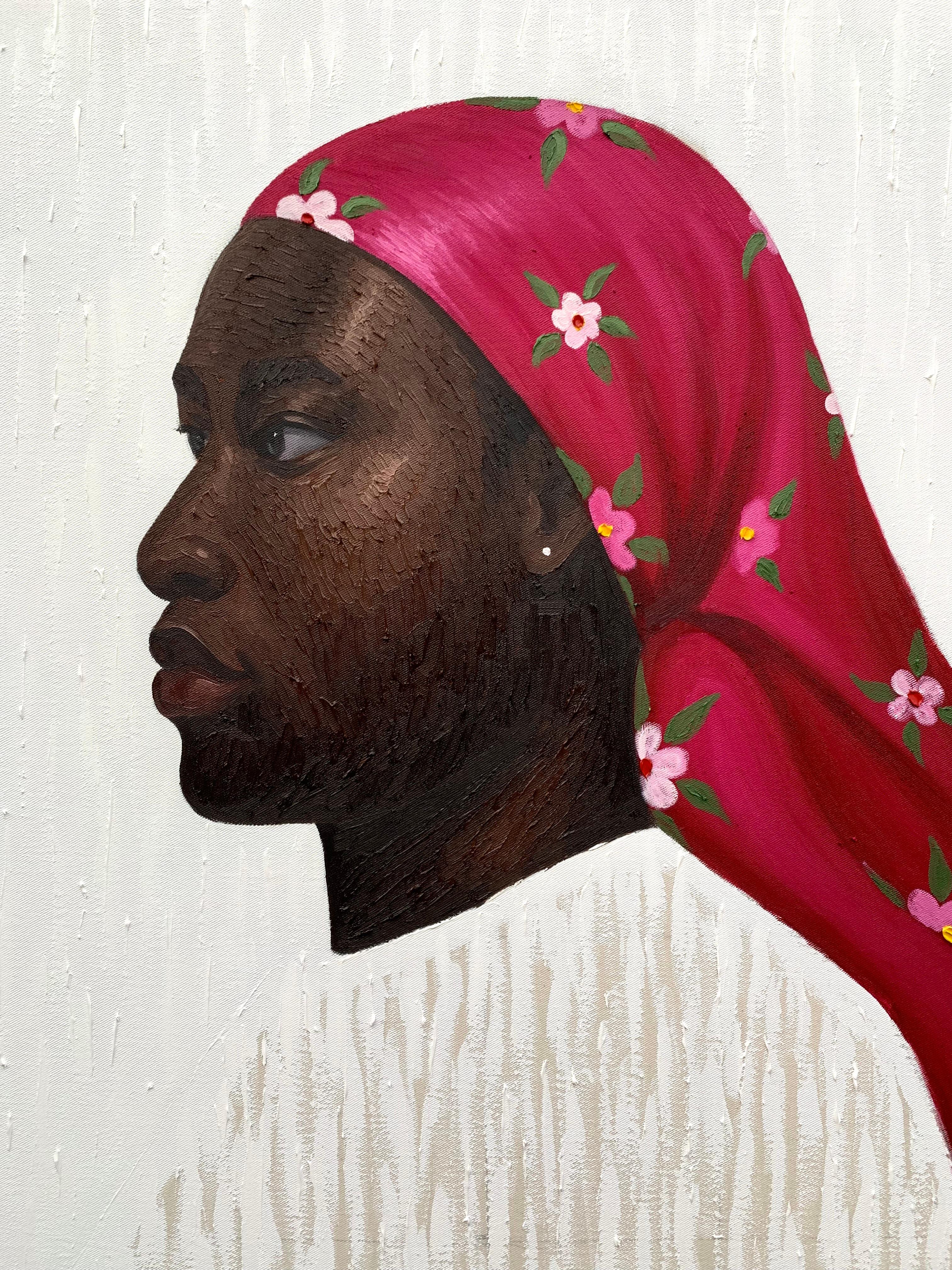 Don't Look Back, Your Life Isn't There Anymore -21st Century, Contemporary Women (Beige), Portrait Painting, von Elijah Olanase