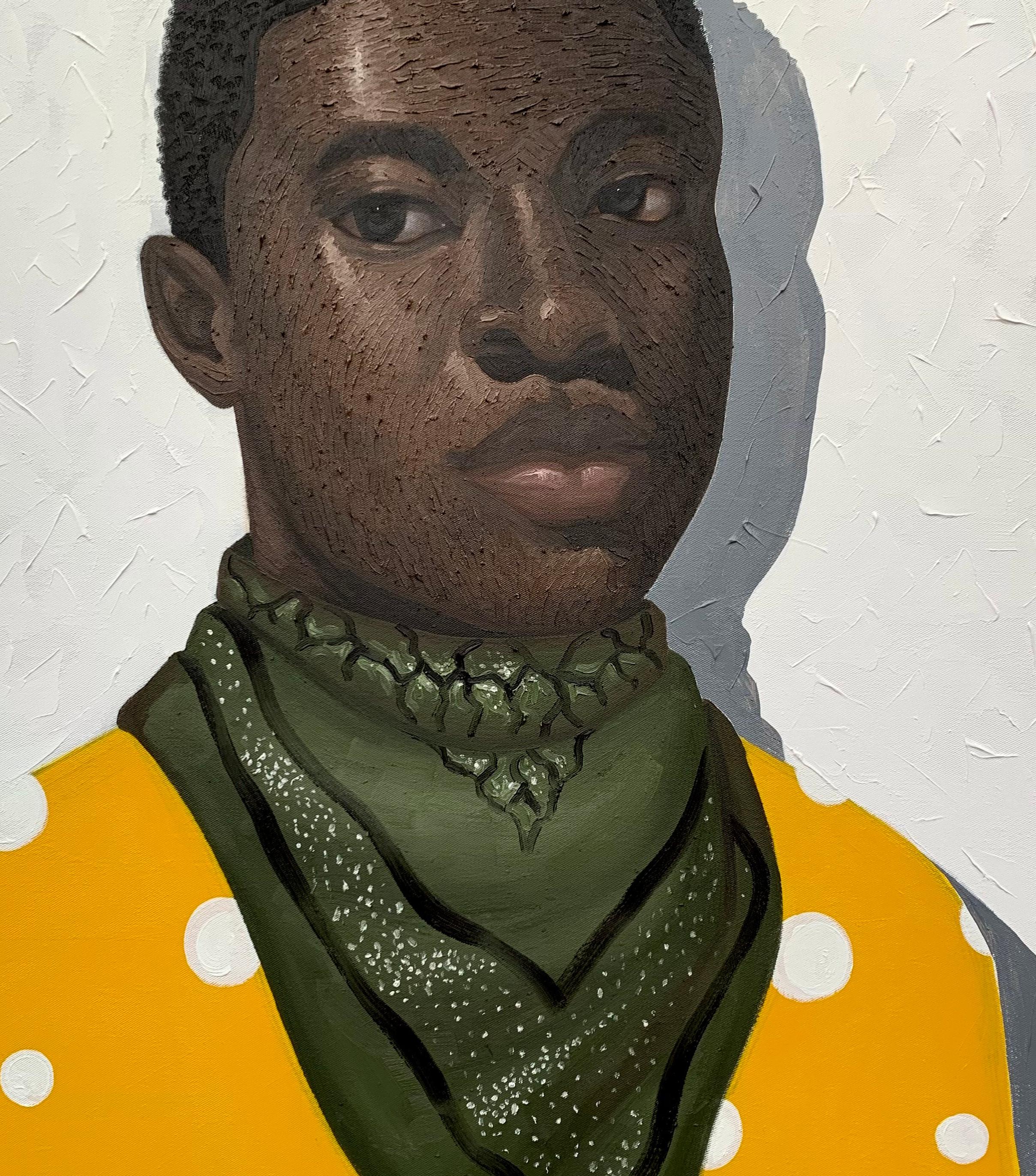 No apures la vida 1 - Siglo XXI, Contemporáneo, Figurativo, Retrato, África Hombres - Figurative Painting Beige de Elijah Olanase