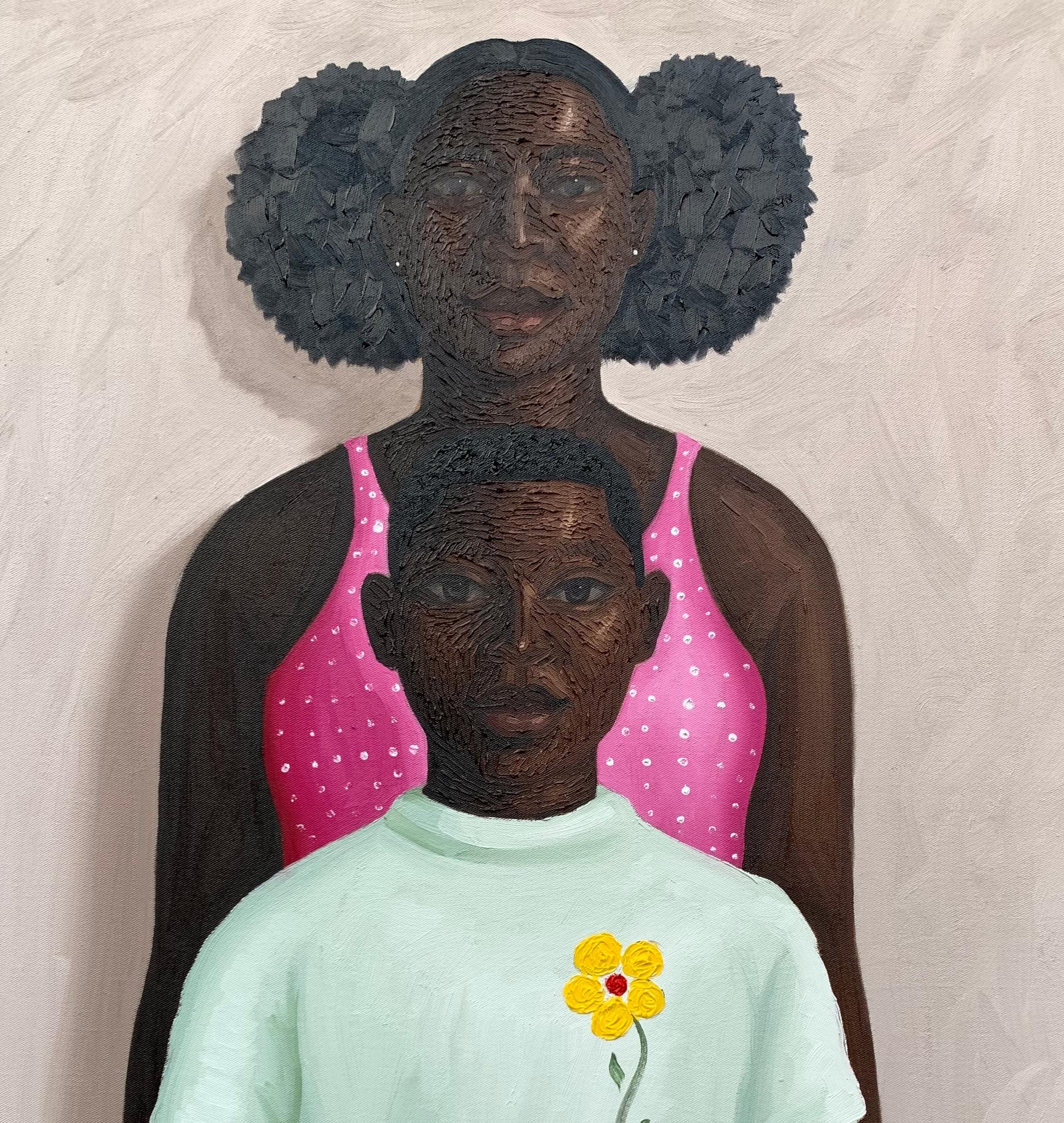 Lei è sempre alle mie spalle -21° secolo, Contemporaneo, Ritratto, Amore, Famiglia - Portrait Painting Grigio di Elijah Olanase