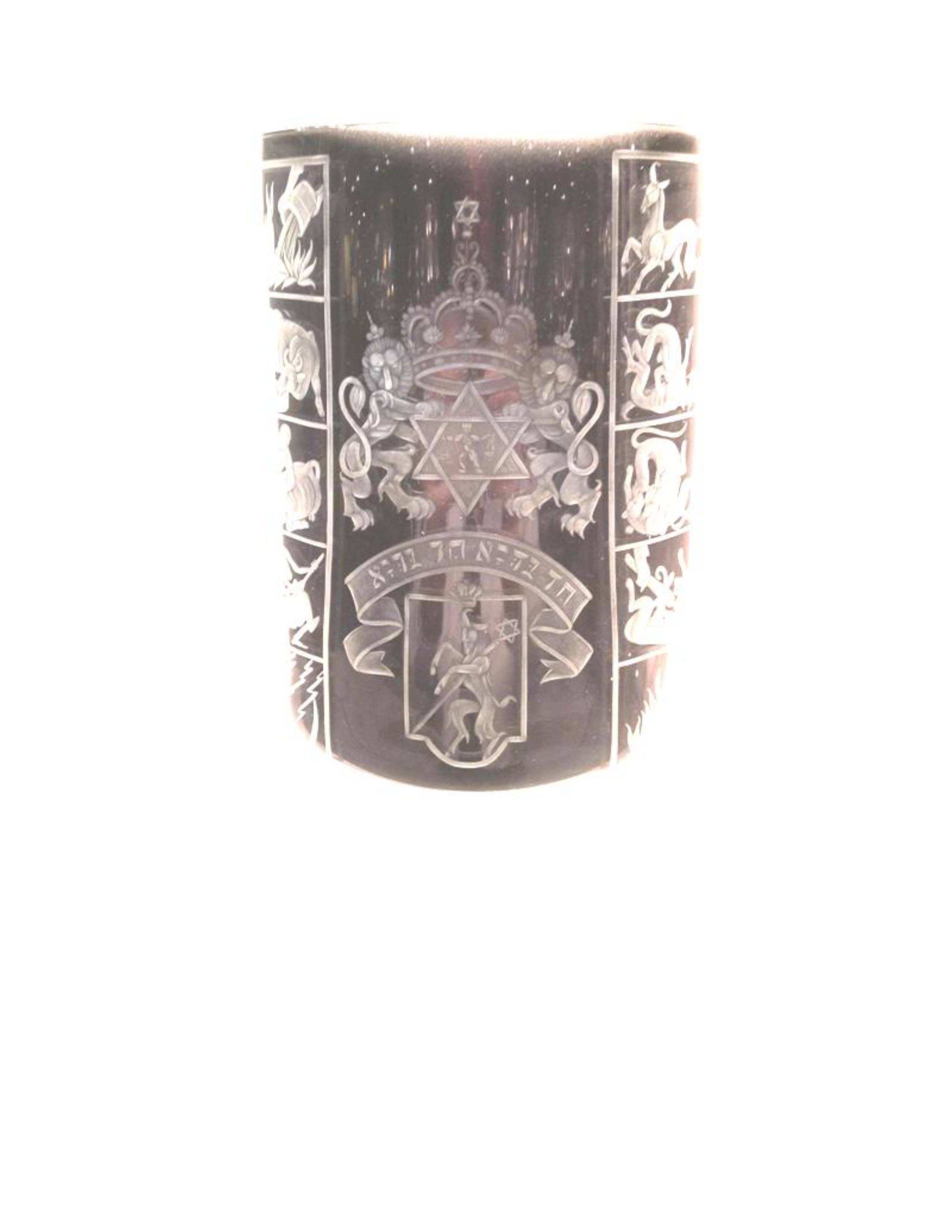 Clear crystal engraved pokale commemorating the holiday of Passover. The engravings tell a story from the Passover Haggadah and are based upon the famed 1937 illustrated Haggadah by Arthur Szyk. This work was executed in the Moser Glassworks, and