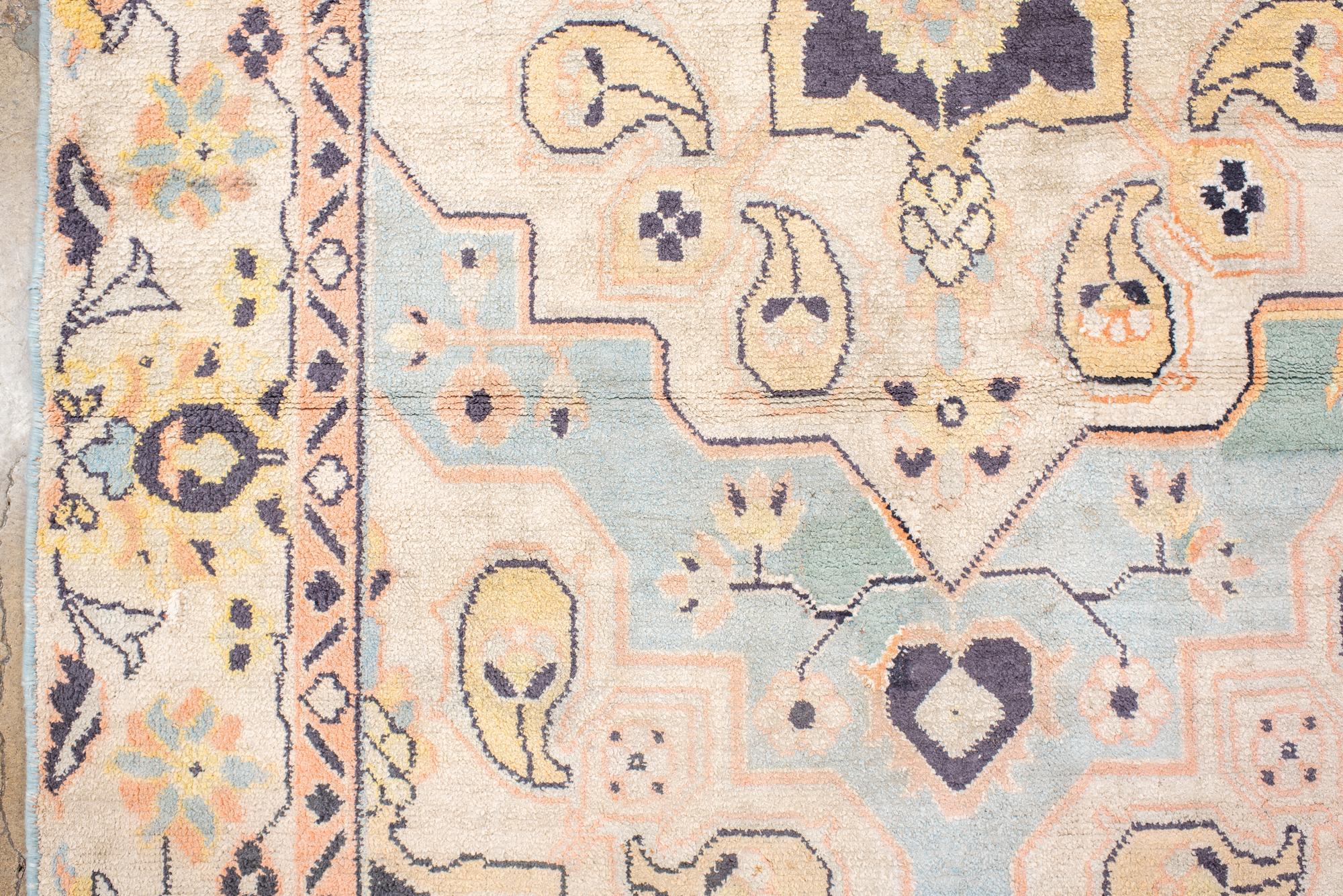 Hand-Knotted Antique Cotton Agra Rug with Pale Blue Field For Sale