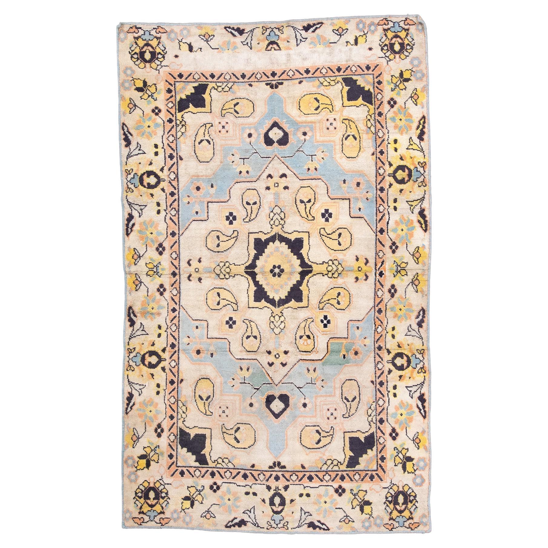 Antique Cotton Agra Rug with Pale Blue Field For Sale