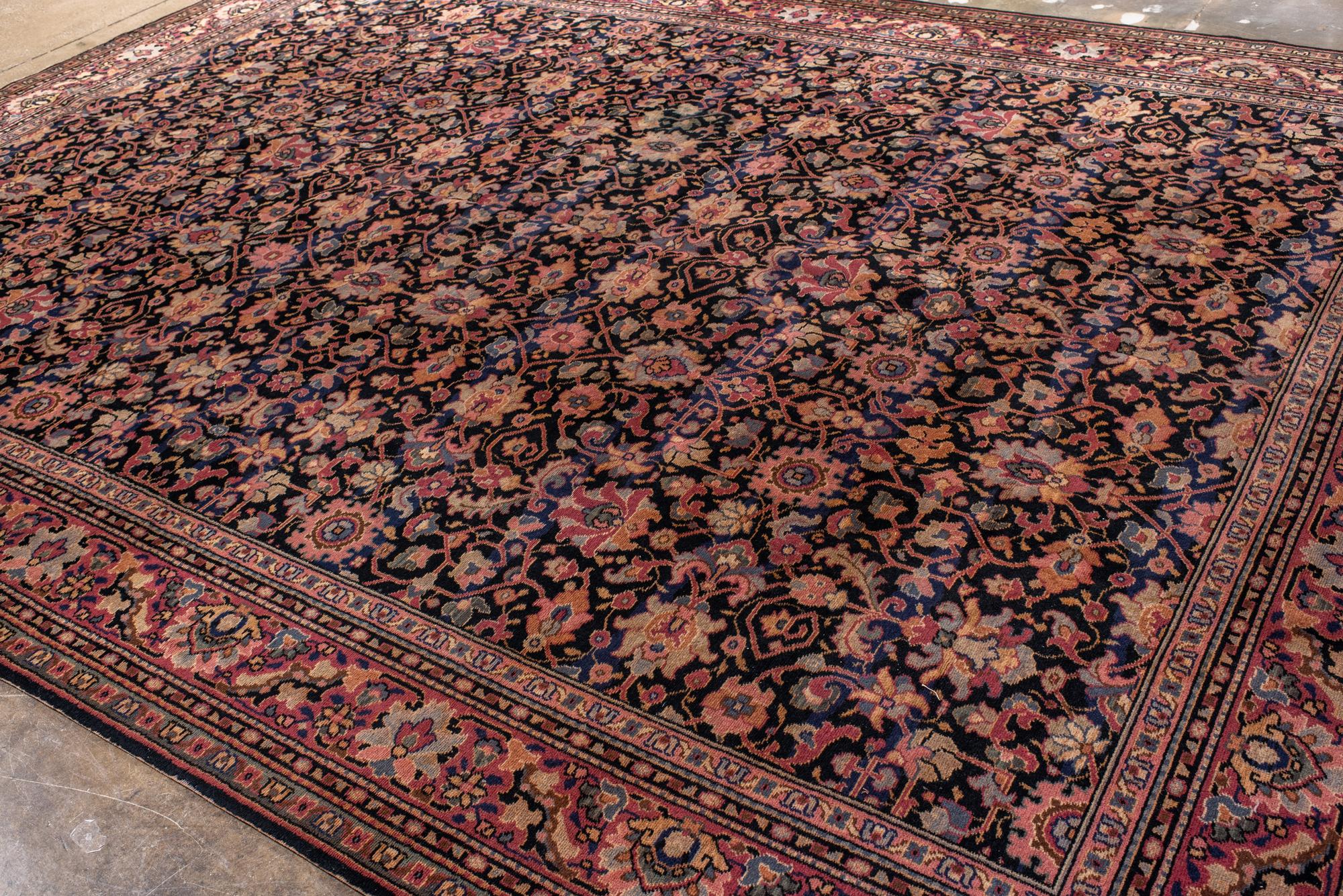 20ième siècle Tapis vintage indigo Laristan avec bordure rose tendre en vente