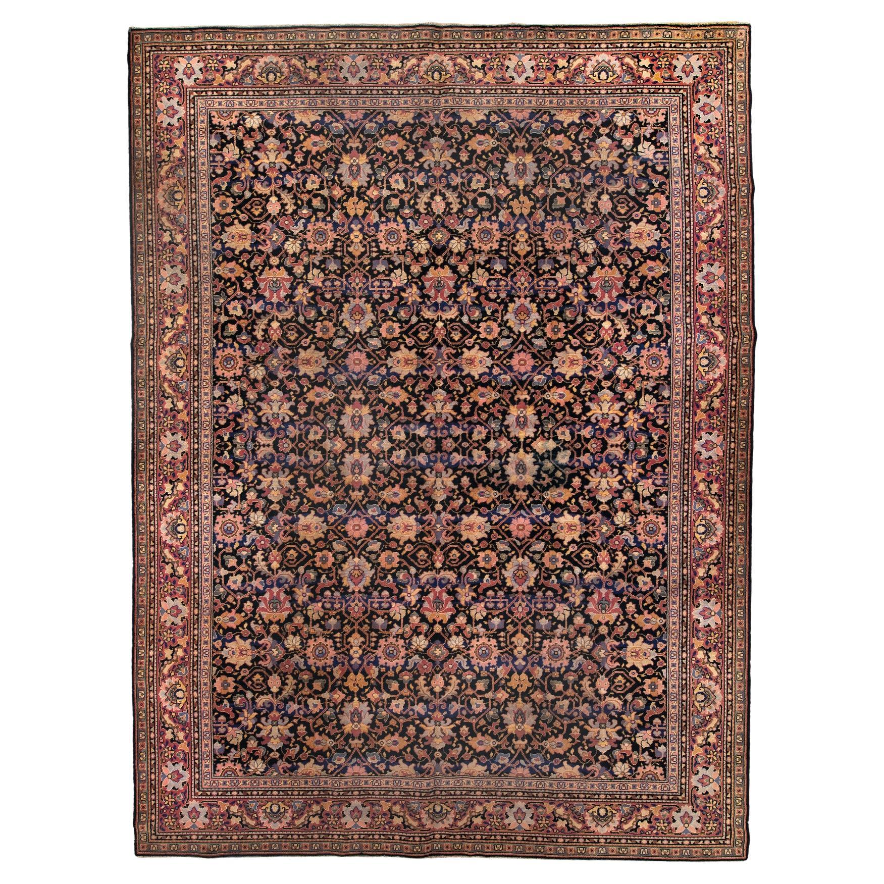 Tapis vintage indigo Laristan avec bordure rose tendre en vente