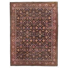 Tapis vintage indigo Laristan avec bordure rose tendre