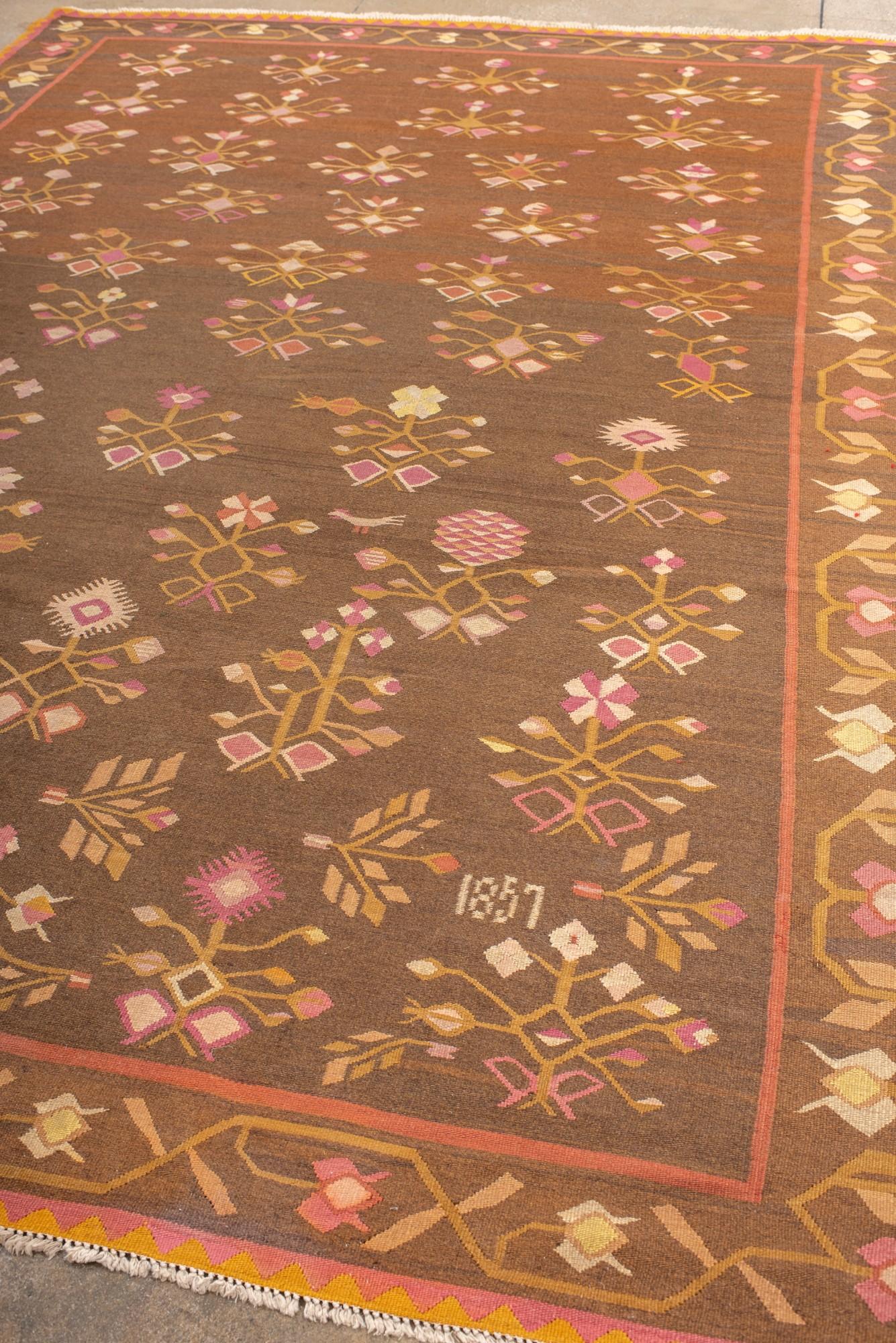 Romanian Antique Kilim with Floral Design, Circa 1900's For Sale