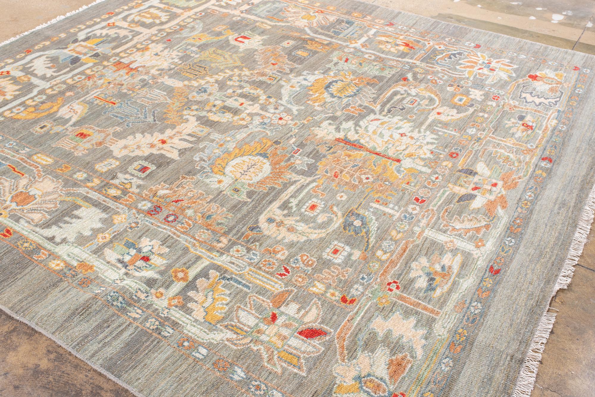 Wool Striking Light Green Sultanabad Square Carpet For Sale
