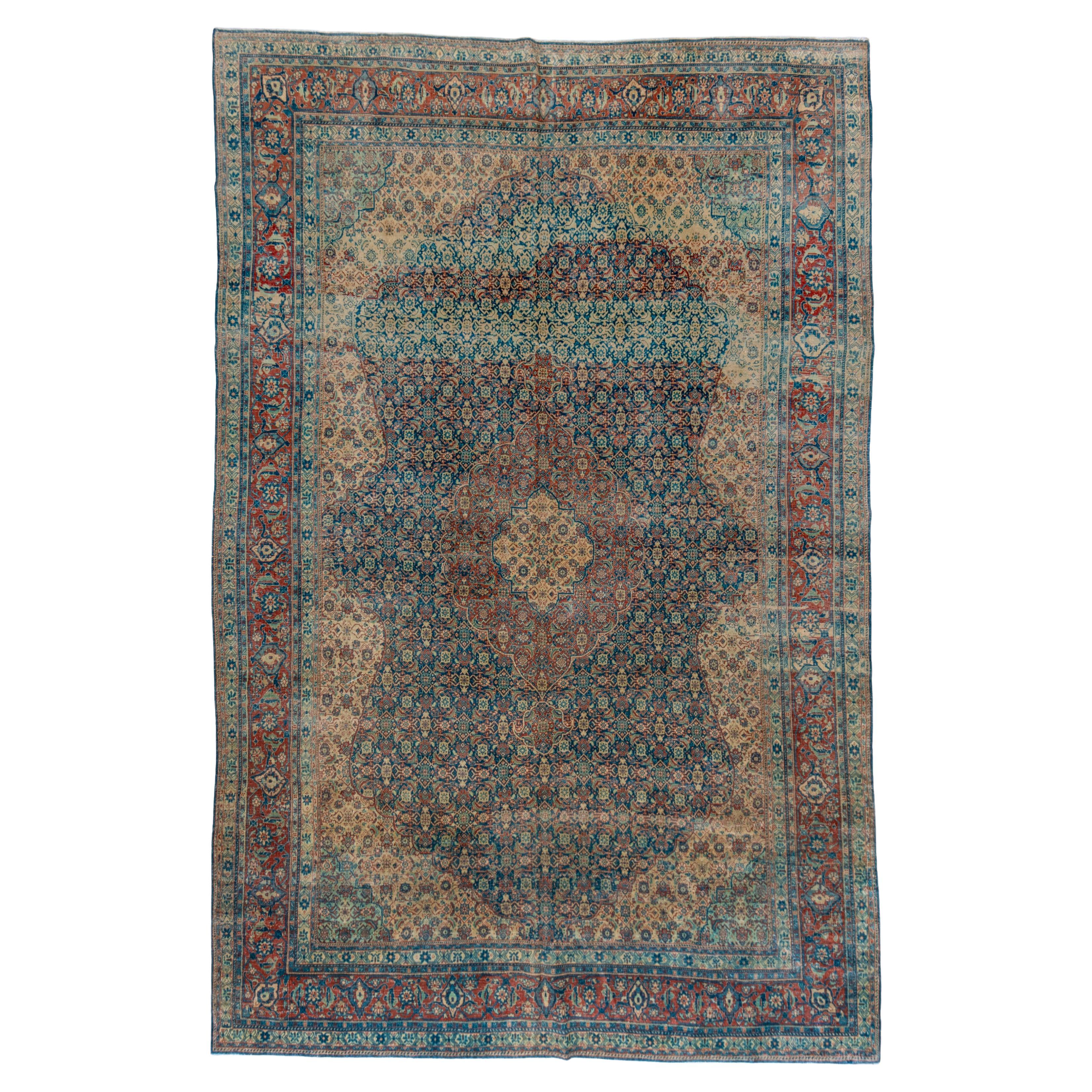 Fein gewebter antiker Täbris-Teppich von David Ariel in Blau- und Rottönen im Angebot