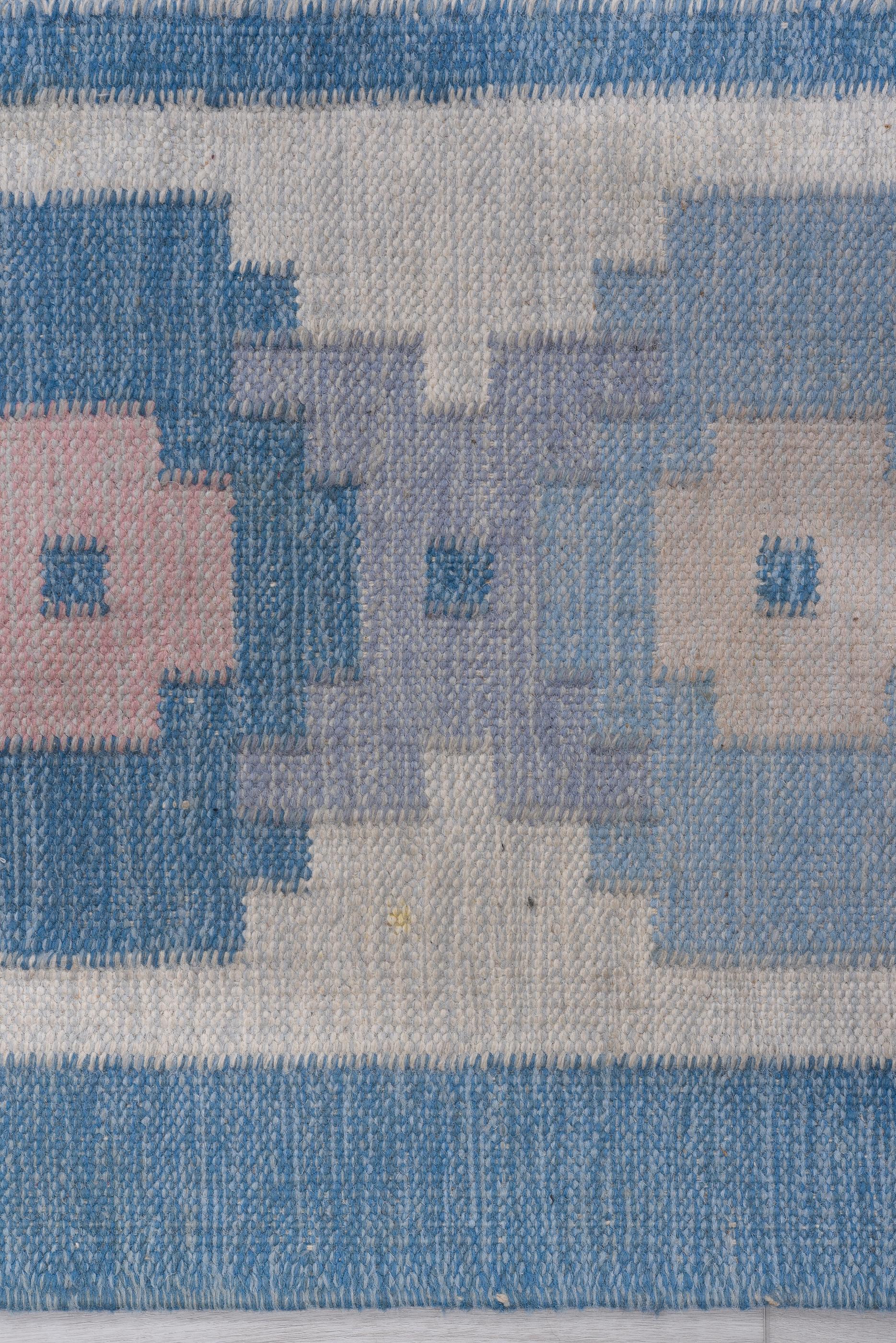 Eliko Rugs by David Ariel Vintage Swedish Rollakan Rug, Blue and Pink Tones In Excellent Condition For Sale In New York, NY
