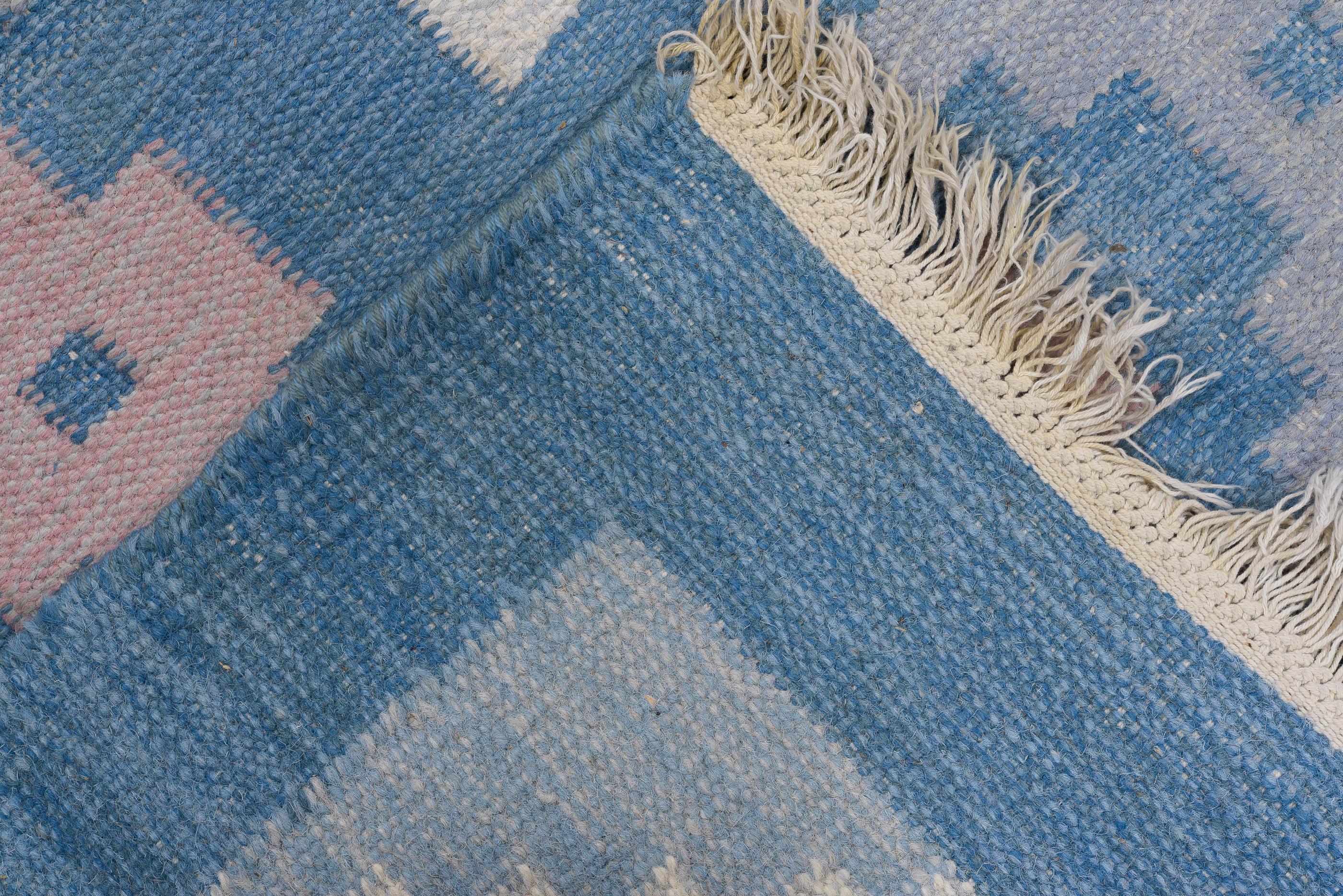 Mid-20th Century Eliko Rugs by David Ariel Vintage Swedish Rollakan Rug, Blue and Pink Tones For Sale