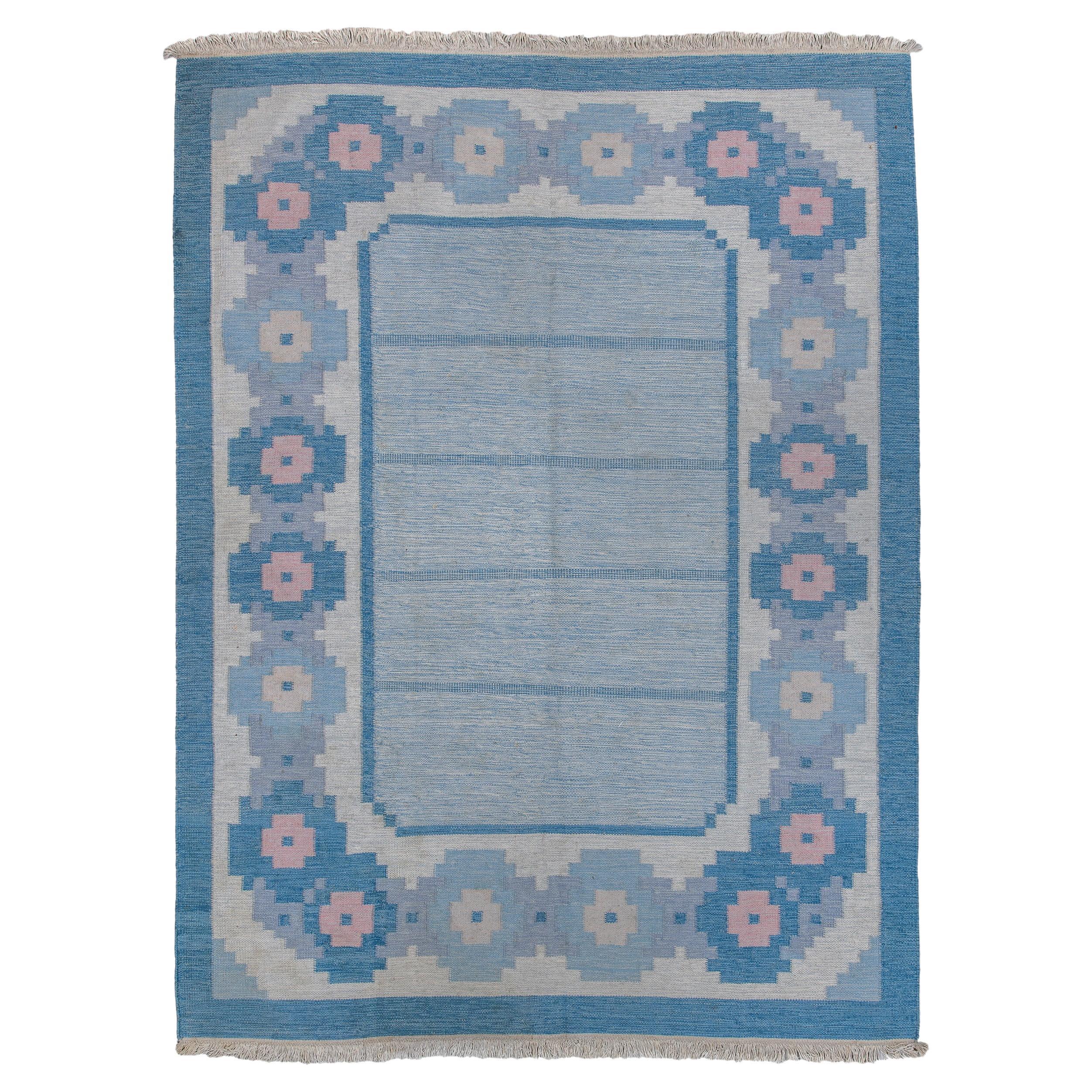 Eliko Rugs by David Ariel Vintage Swedish Rollakan Rug, Blue and Pink Tones For Sale