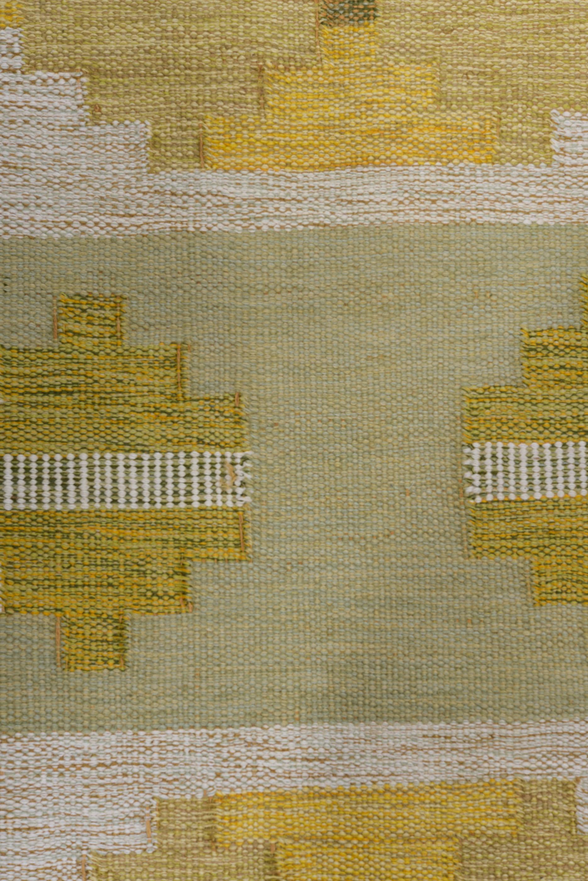 Eliko Rugs by David Ariel Vintage Swedish Rollakan Rug, Green/Yellow Palette In Excellent Condition For Sale In New York, NY
