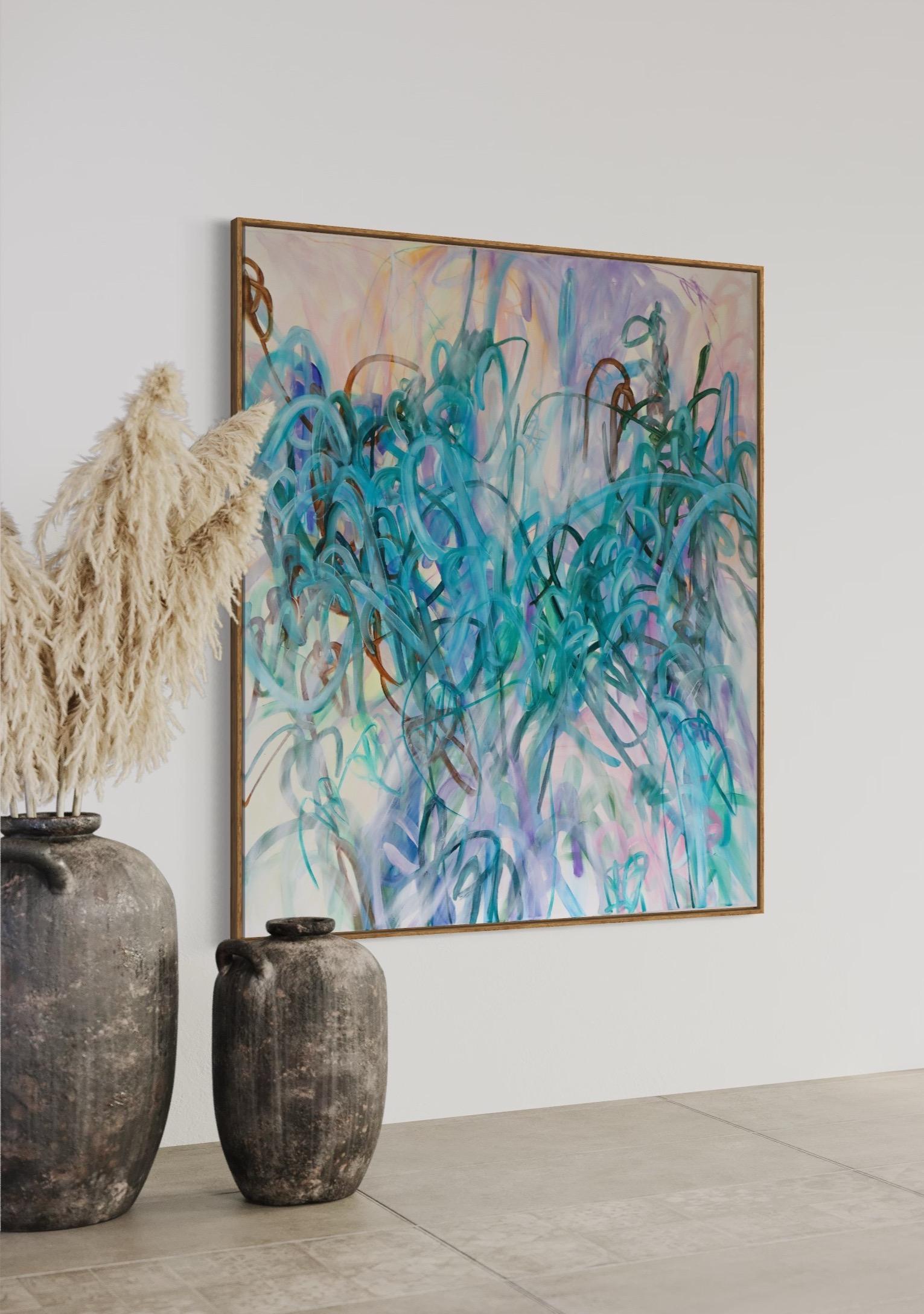Zeitgenössische abstrakte Malerei mit Öl, Acryl und Ölpastell auf Leinwand der schwedischen Künstlerin Elin Kereby. Ihre lebhaften Öl- und Mischtechnikbilder, die aus geschichteten Linien bestehen, spiegeln wider, wie sie die Welt sieht: Sie besteht