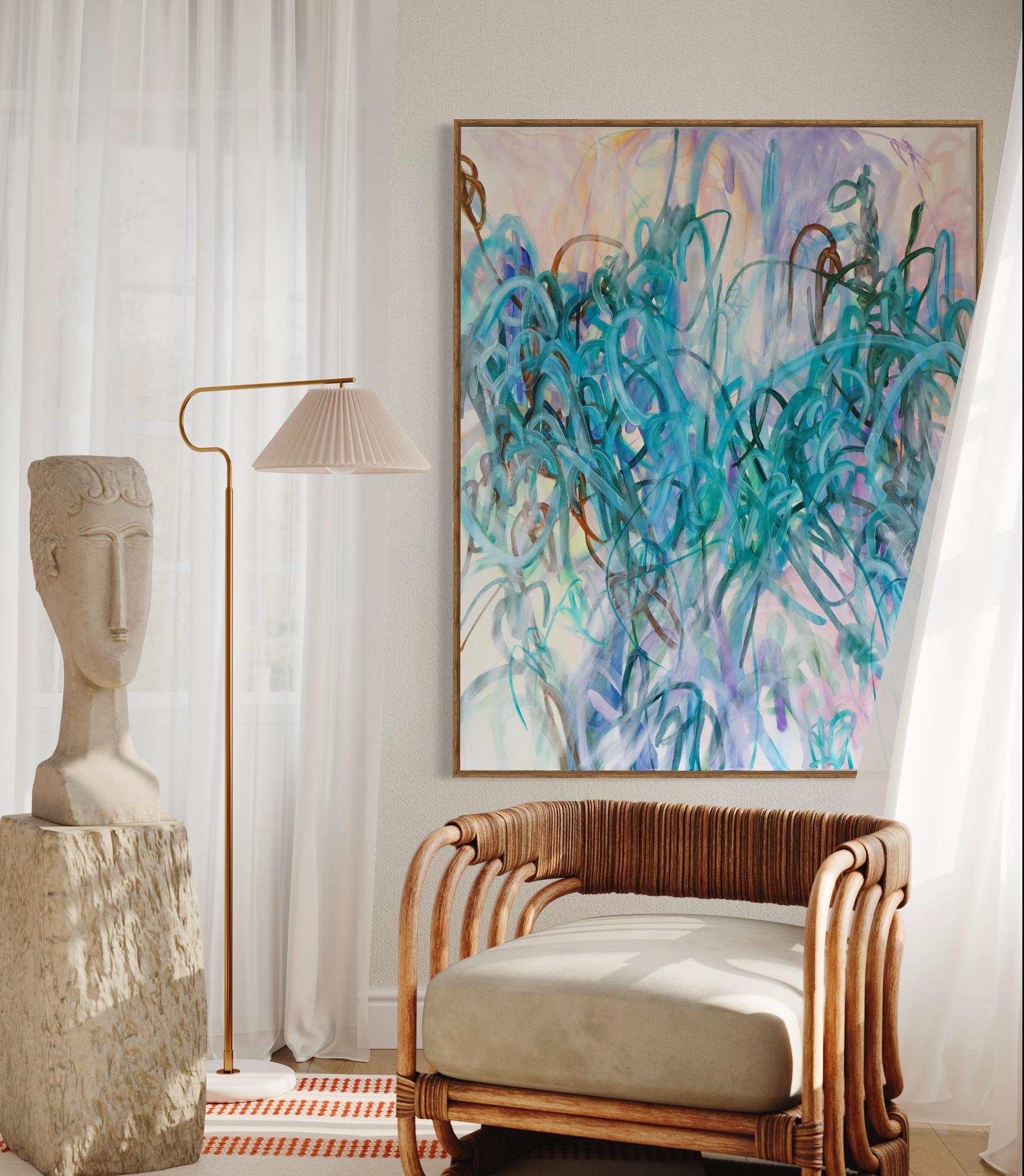 Contemporary abstract painting made with oil, acrylics, and oil pastels on canvas by Swedish artist Elin Kereby. Her vibrant oil and mixed media paintings composed of layered lines are mirroring how she sees the world; made up by layers upon layers